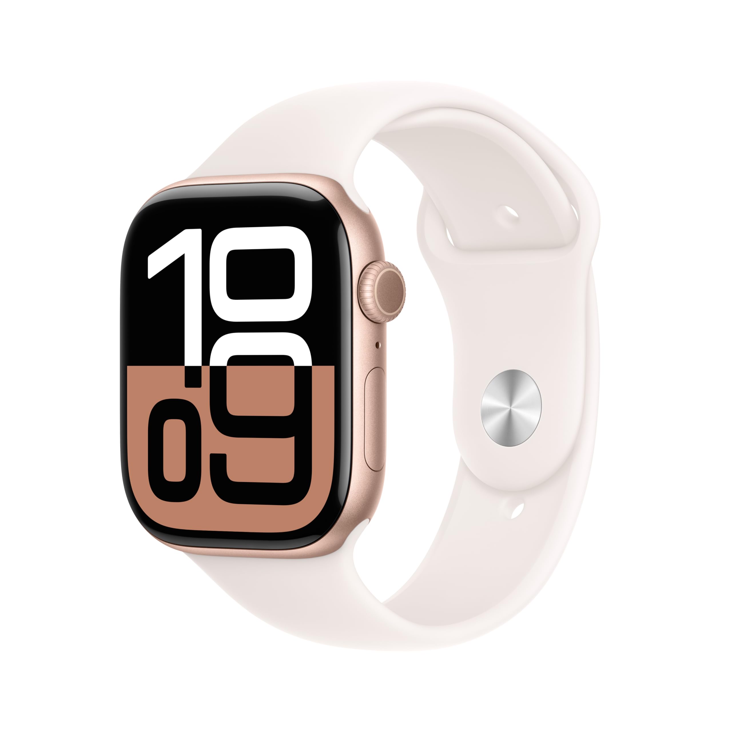 Apple Watch Series 10 با جی پی اس 46 میلی‌متر اسمارت واچ با قاب آلومینیومی رنگ گل رز و بند ورزشی رنگ صورتی مایل به سبز هلو - اس/م. ردیاب فیتنس، اپ ECG، نمایشگر رتینا همیشه روشن، مقاوم در برابر آب با قاب رنگ گل رز/صورتی مایل به سبز هلو برای مورد 46 میلی‌متر بند ورزشی اس/م - بند مناسب برای مچ‌های 140–190 میلی‌متری
