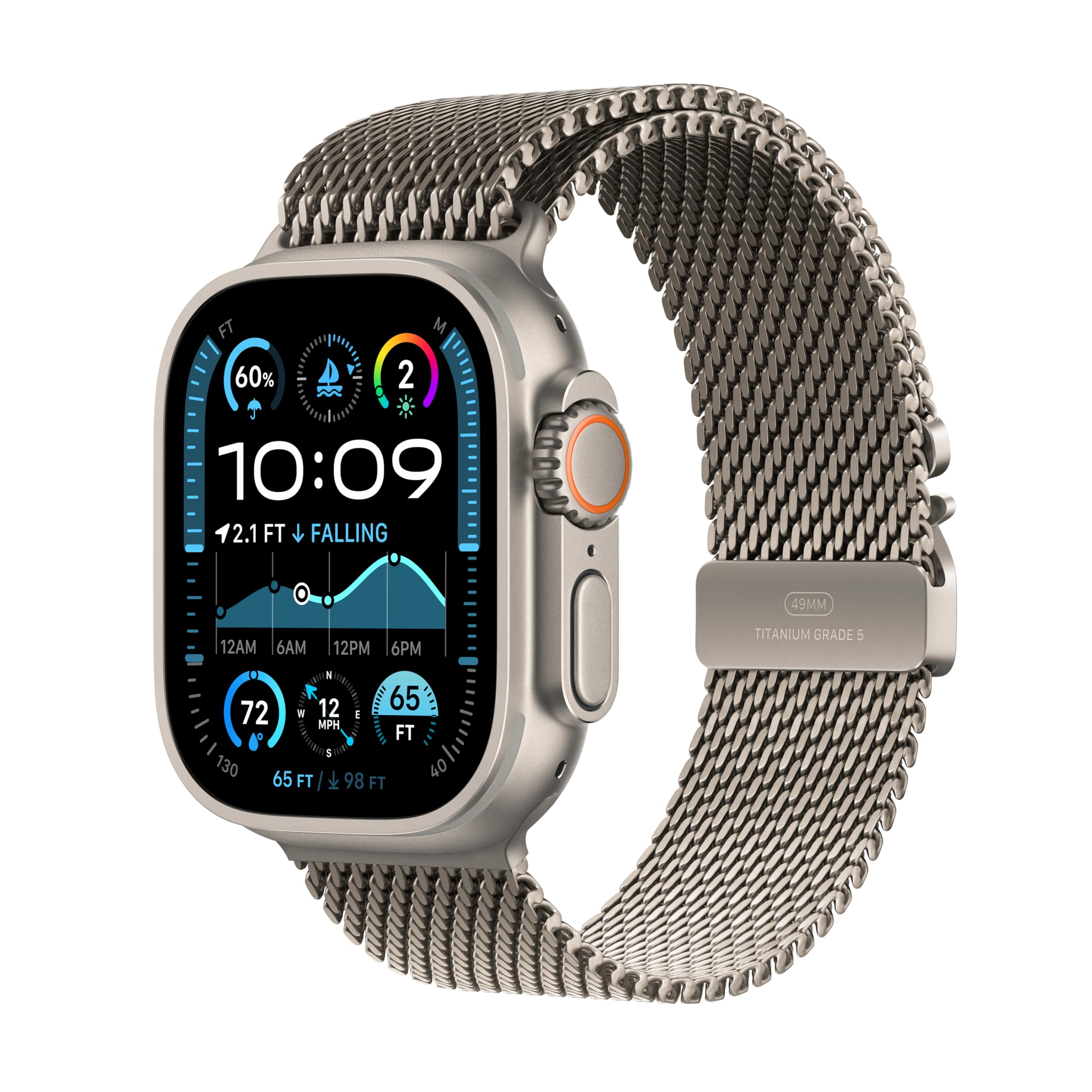 ساعت هوشمند Apple Watch Ultra 2 GPS + Cellular 49 میلیمتر، ساعت هوشمند ورزشی با قاب طبیعی تایتانیوم و حلقه Milanese طبیعی. ردیاب فعالیت بدنی، GPS دقیق، عمر باتری بلند، حلقه Milanese طبیعی کربنی- بند مناسب برای دسته های مچ 180-210 میلیمتر
