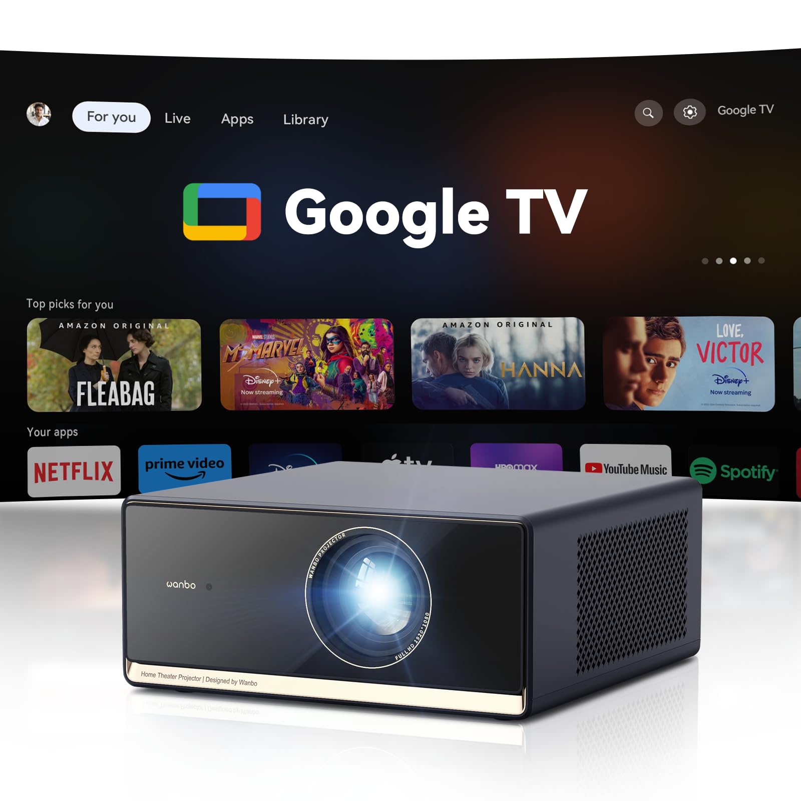پشتیبانی از تلویزیون 4K گوگل، پرژکتور هوشمند Wanbo X5 Pro با وای فای و بلوتوث، 1100 ANSI خانگی و فضای باز، پروژکتور فیلم خانگی، فوکوس خودکار و کی‌استون، ساکت با صدای 26 دسی‌بل، برنامه‌های پخش ویدیویی داخلی و فروشگاه گوگل
