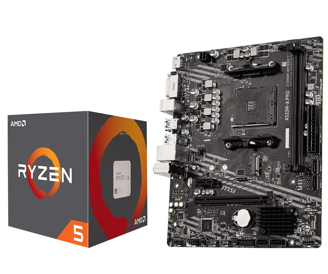 بسته پردازنده رایانه رومیزی AMD Ryzen 5 5500 Unlocked همراه با مادربرد بازی MSI A520M-A PRO (AMD AM4، DDR4، PCIe 4.0، Micro-ATX)، AMD Ryzen 5 5500 + MSI A520M-A PRO