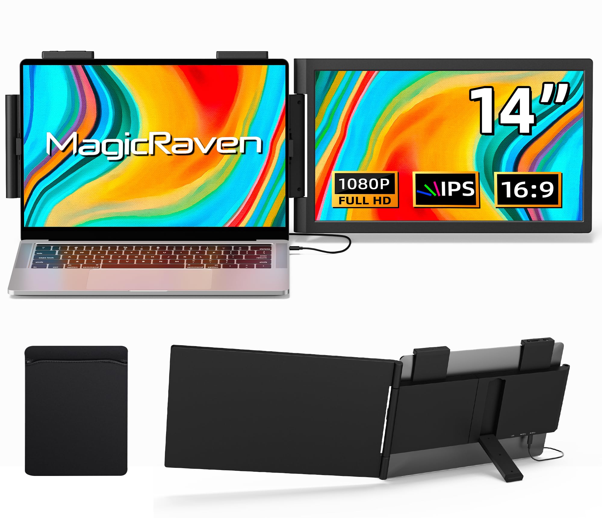 نمایشگر قابل‌حمل MagicRaven Laptop Screen Extender با رزولوشن 1080P، 14 اینچ، دارای چرخش ۲۵۰ درجه، سازگار با لپ‌تاپ‌های 14-17 اینچی با پورت‌های USB-C و HDMI، قابلیت Plug and Play برای ویندوز و مک