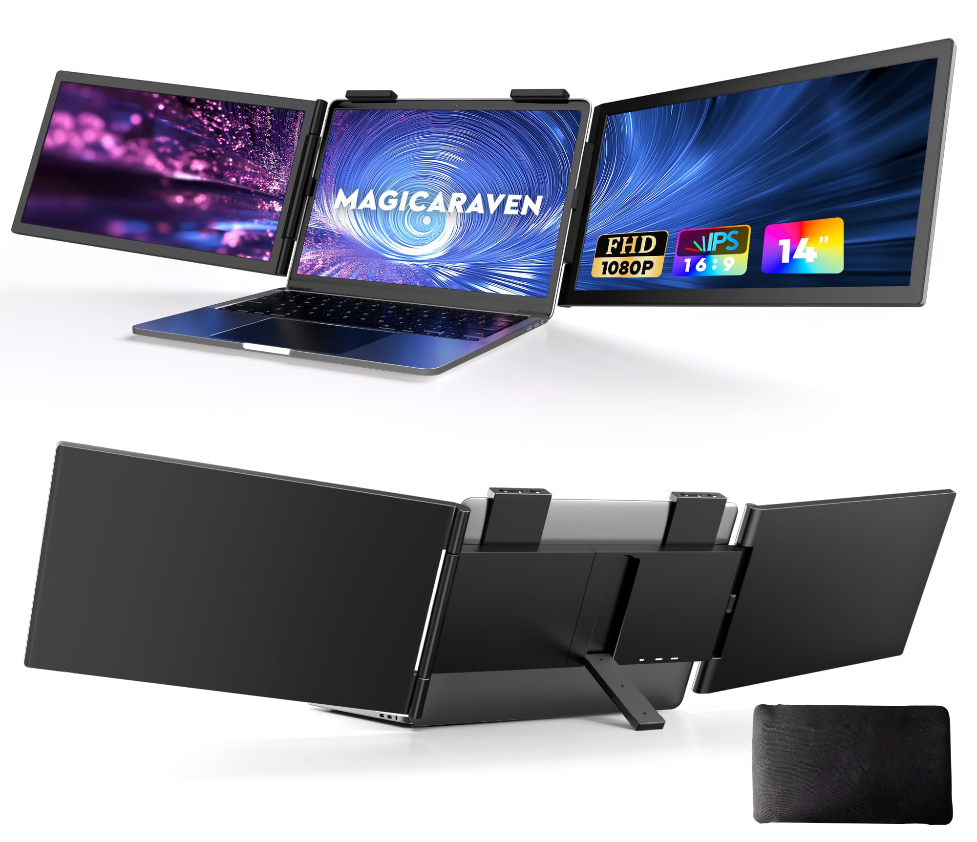 افزاینده صفحه نمایش لپ تاپ MagicRaven، 14 اینچ، سه گانه قابل حمل برای لپ تاپ، نمایشگر کامپیوتر USB C، پلاگ اند پلی، نمایشگر سفری USB-C 1080P، نمایشگر سه صفحه برای لپ تاپ 14-16 اینچ A2-Dual-14"-1080P-60Hz