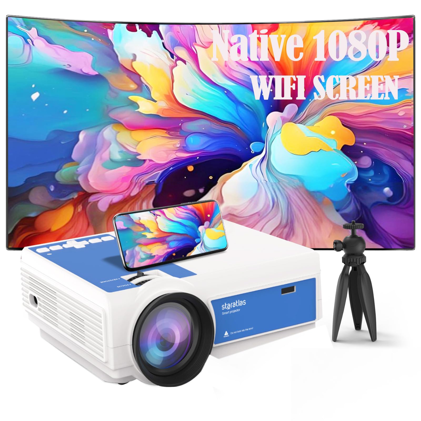 پروژکتور با وای فای و بلوتوث، رزولوشن اصلی استاراتلاس 1080 پیکسل، پروژکتور تلویزیونی برای اتاق خواب، پشتیبانی از آینه صفحه، پروژکتور قابل حمل کوچک، 12000 لومن، پروژکتور فیلم برای استفاده در داخل، پروژکتور اتاق خواب برای سقف