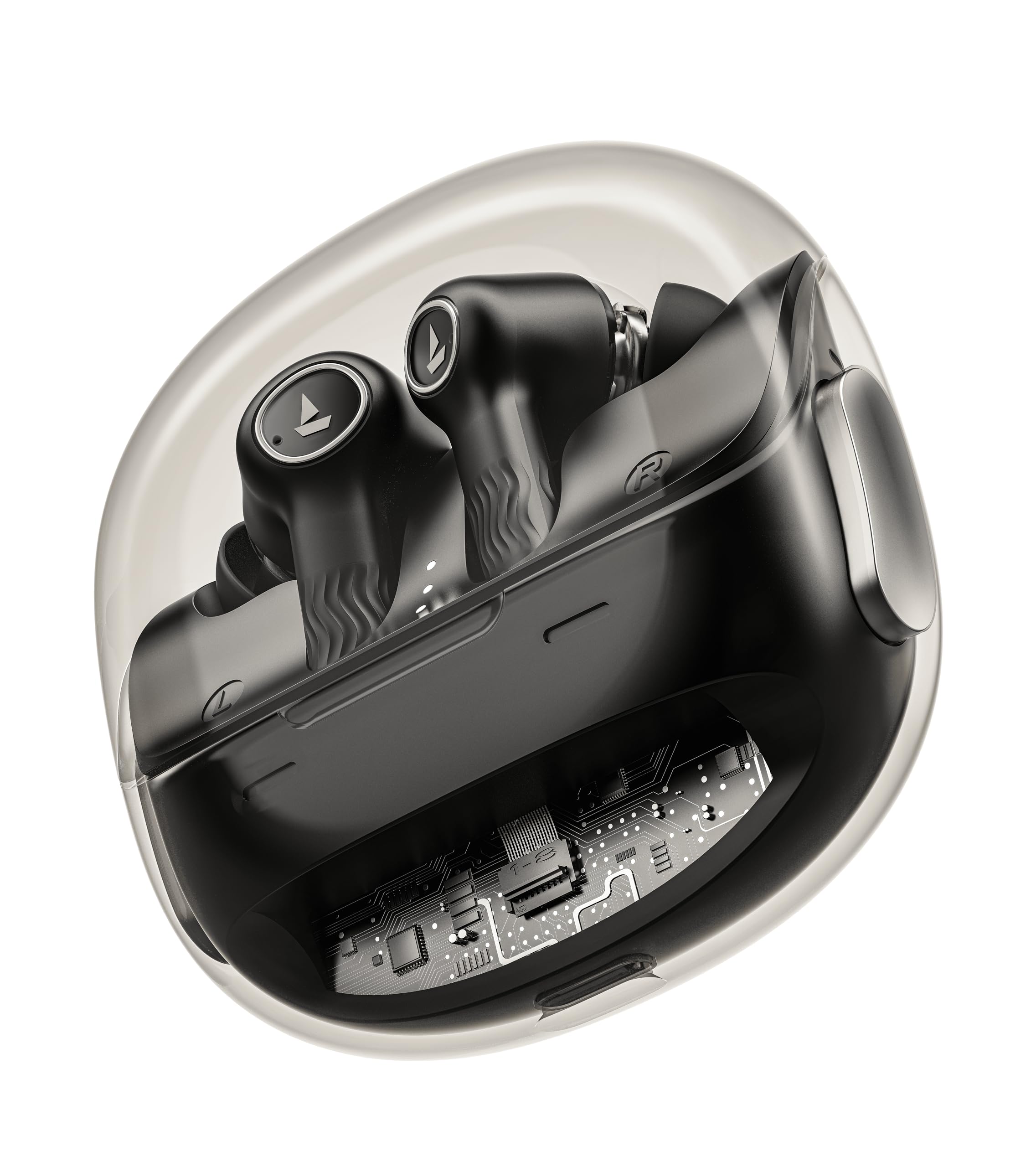 boAt New Launch Nirvana Crystl, Transparent Case,Spatial Audio, ANC(~32dB), 100Hrs Battery,4Mics ENx, Dual Pair,App Support, Bluetooth Earbuds, TWS Ear Buds Wireless Earphones with mic (Quantum Black)