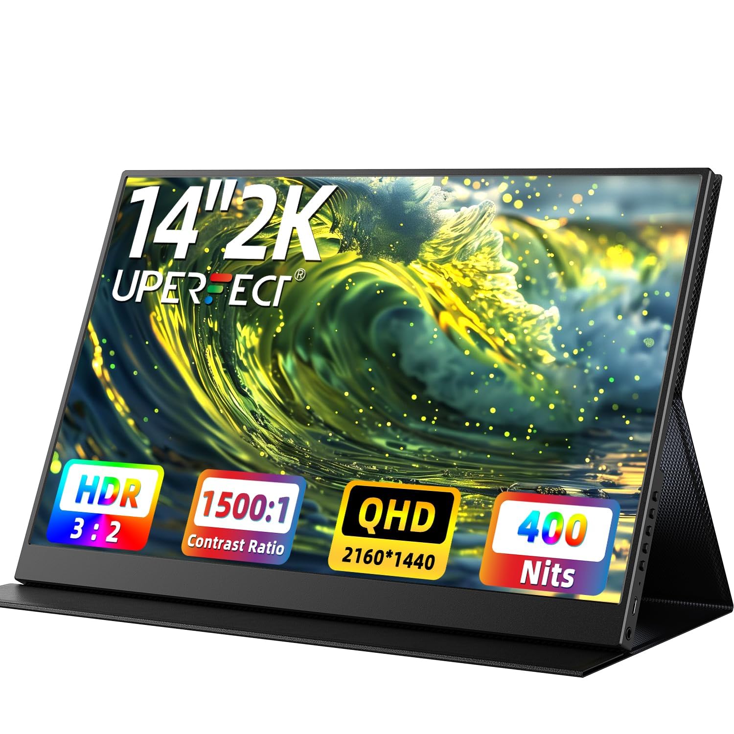 UPERFECT مانیتور قابل حمل 2K، مانیتور لپ‌تاپ فوق‌باریک 14 اینچ، صفحه‌نمایش خارجی QHD با رزولوشن 2160 × 1440، با بلندگوهای دوگانه، HDR و FreeSync — صفحه‌نمایش دوم برای لپ‌تاپ، کامپیوتر، تلفن همراه و کنسول بازی، 14 اینچ 2K