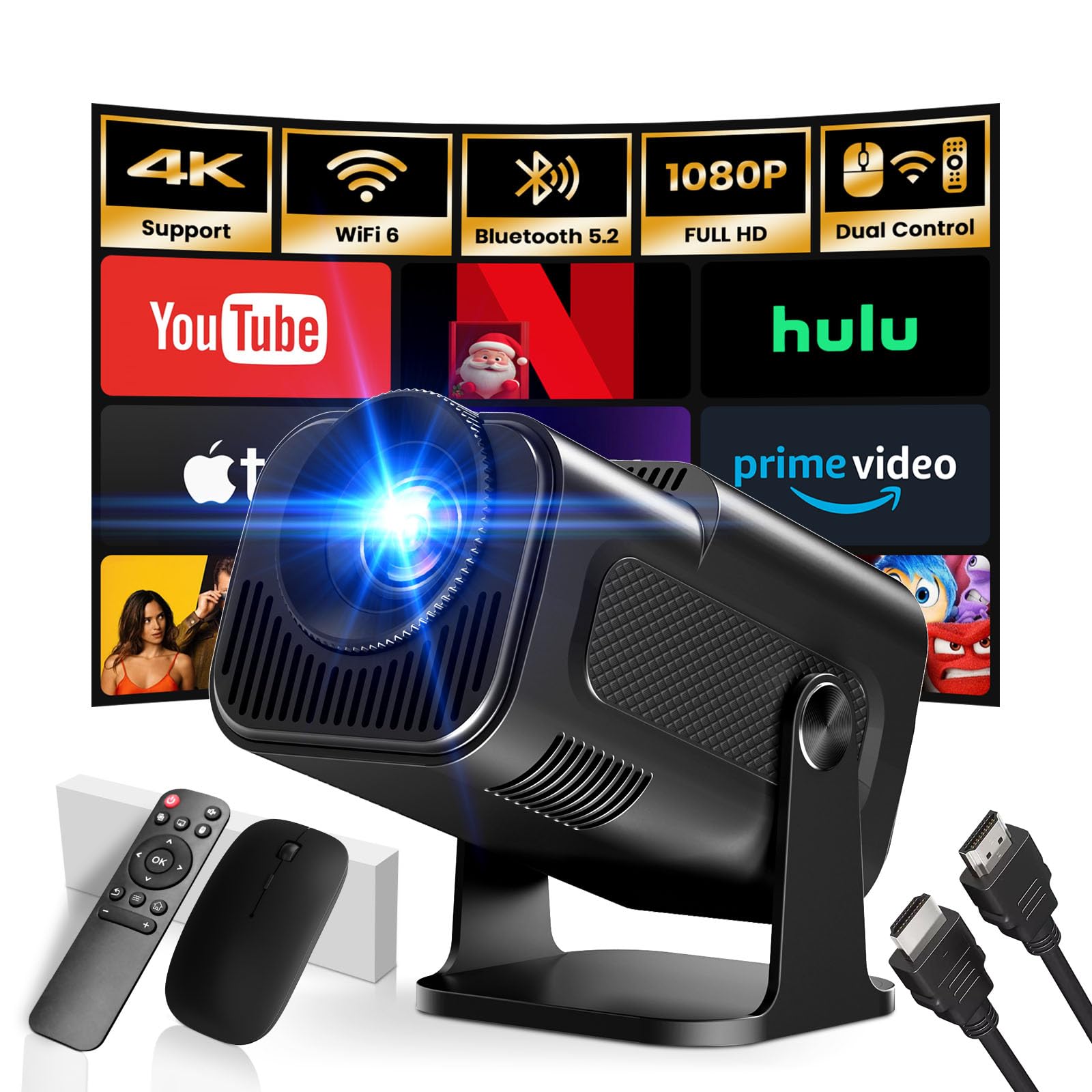 مینی پروژکتور، 4K FHD 1920 x 1080P چرخش 180 درجه‌ای پرتابل، پروژکتور کوچک ویدیو پشتیبانی از دو وای فای 2.4/5G و بلوتوث 5.0، با اندروید و آی او اس هوم سینمای هوشمند پروژکتور، دو کنترل با رنگ سیاه