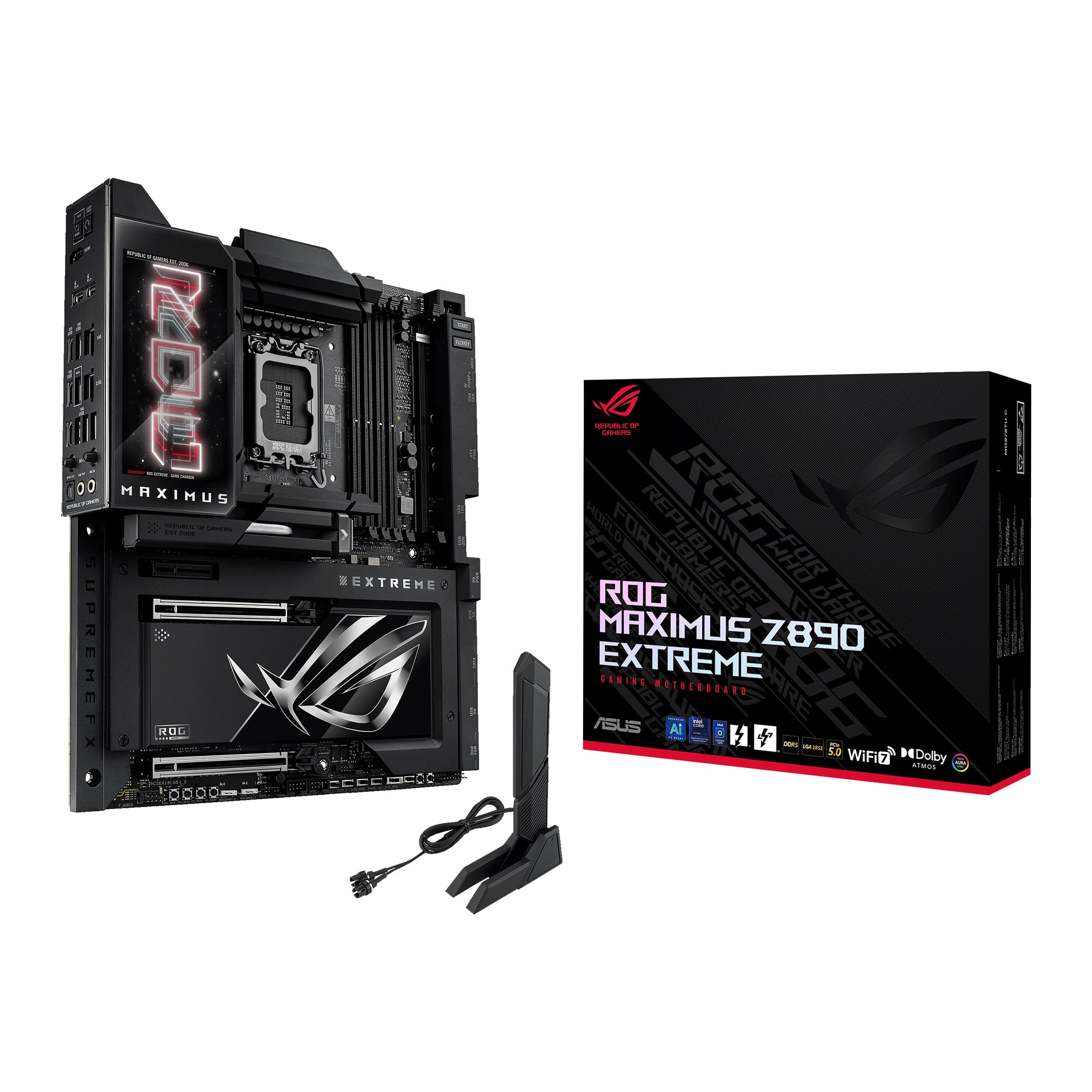 مادربرد ASUS ROG MAXIMUS Z890 EXTREME Intel® Z890 LGA 1851 E-ATX ، آماده PC پیشرفته AI ، 24+2+1+2 مرحله ، DDR5 ، WiFi7 ، 2.5G/10G LAN ، PCIe® 5.0 M.2 ، Thunderbolt™ 5 ، USB Type-C® ، AI OC ، صفحه نمایش LCD 5 اینچ