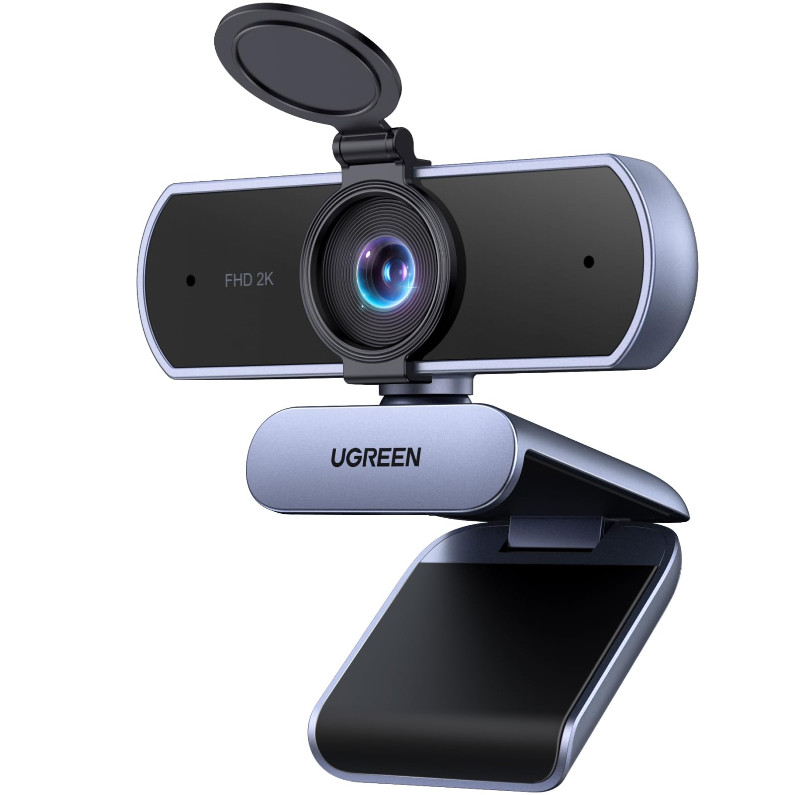 Webcam یوگرین 2K HD با پوشش حریم خصوصی برای رایانه شخصی/لپ تاپ، دو میکروفن استریو USB دوربین وب 2K 30 فریم بر ثانیه/1080P 60 فریم بر ثانیه، تصحیح نور کم FOV 80 درجه، برای مک ویندوز یوتیوب، زوم، اسکایپ، پشتیبانی از تریپود