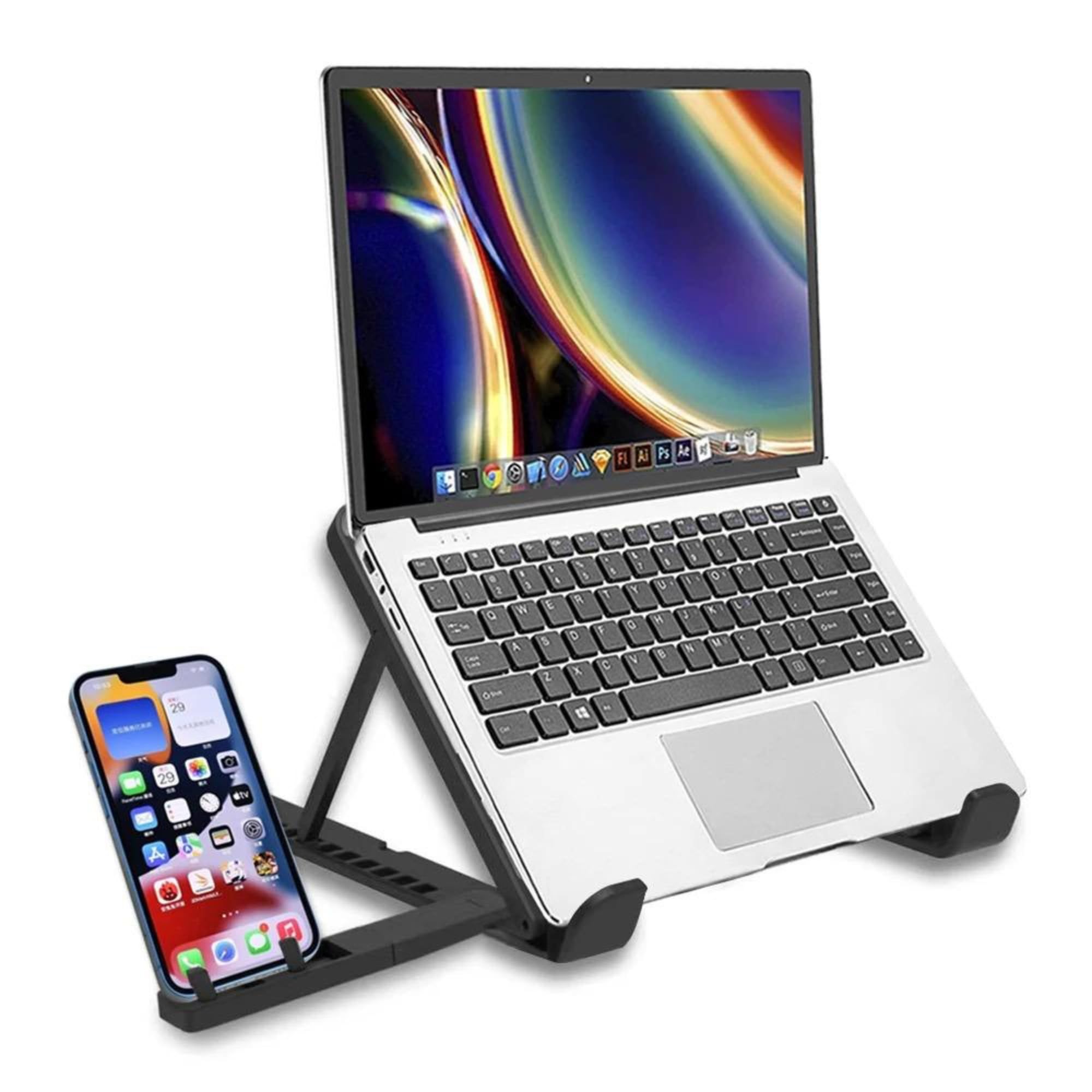 .وایونکس ایستاده لپتاپ برای میز با نگهدارنده تلفن - ایرونومیک، ایستاده کامپیوتر قابل تنظیم برای لپتاپ‌ها و تبلت‌های 10-17 اینچی - قابل حمل، تهویه‌یافته، قابل تنظیم ارتفاع برای استفاده در خانه، دفترکار، سفر (مشکی)