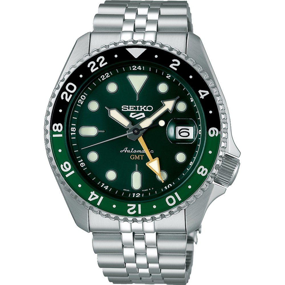 ساعت اتوماتیک Seiko 5 Sports GMT ضد آب تا 10 بار، دارای ویژگی‌های دستی‎رو، تاریخ‌نما، شعاع زمان GMT برای اقایان بزرگسال نامشخص.