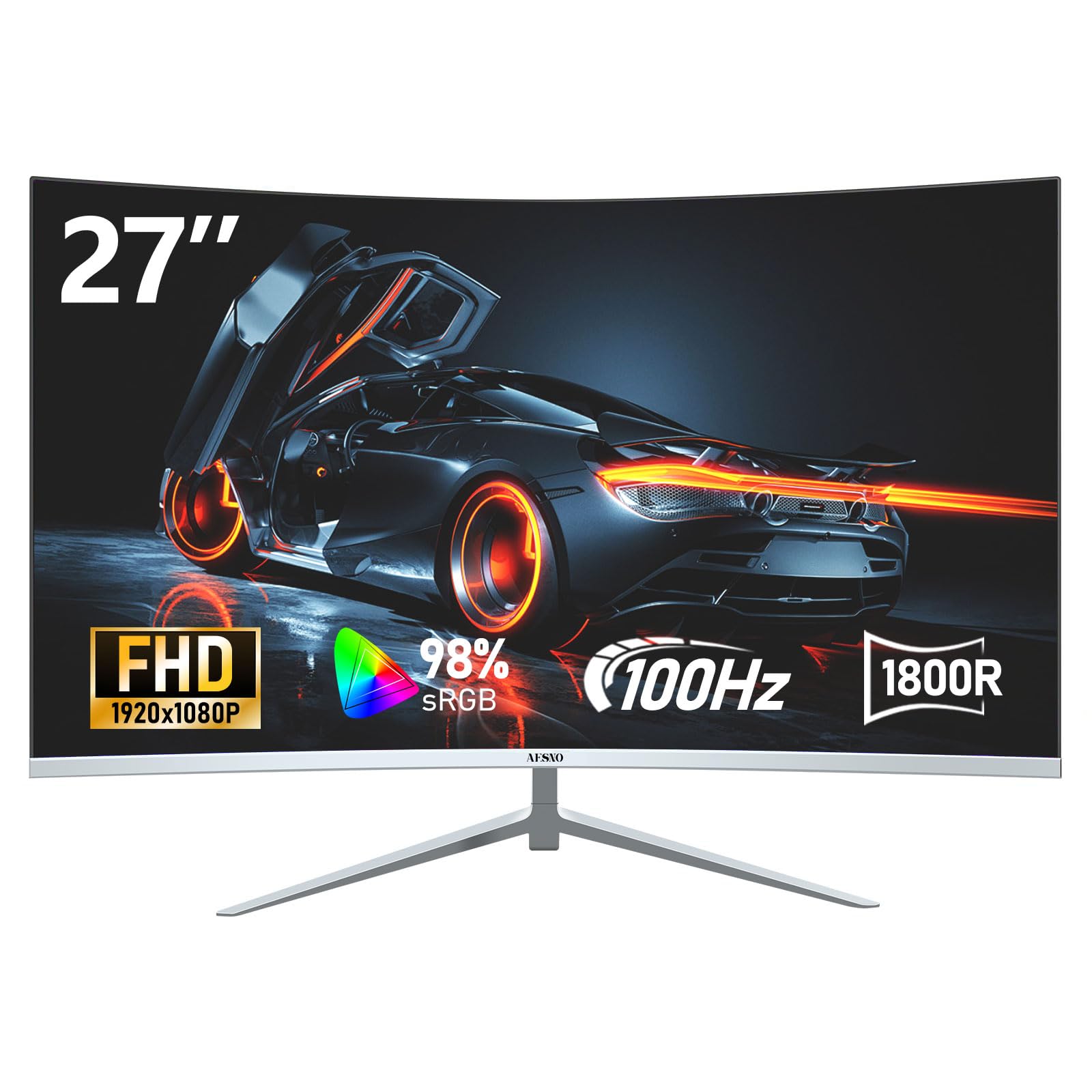 مانیتور گیمینگ منحنی AESNO 27 اینچ با نرخ تازه‌سازی 100Hz و نمایشگرهای FHD(1920x1080p) 1800R سفید با 98% sRGB، همراه با فری‌سینک، HDMI برای استفاده در منزل و دفتر کار، قابل نصب بر روی دیوار با ابعاد 27 اینچ-100Hz