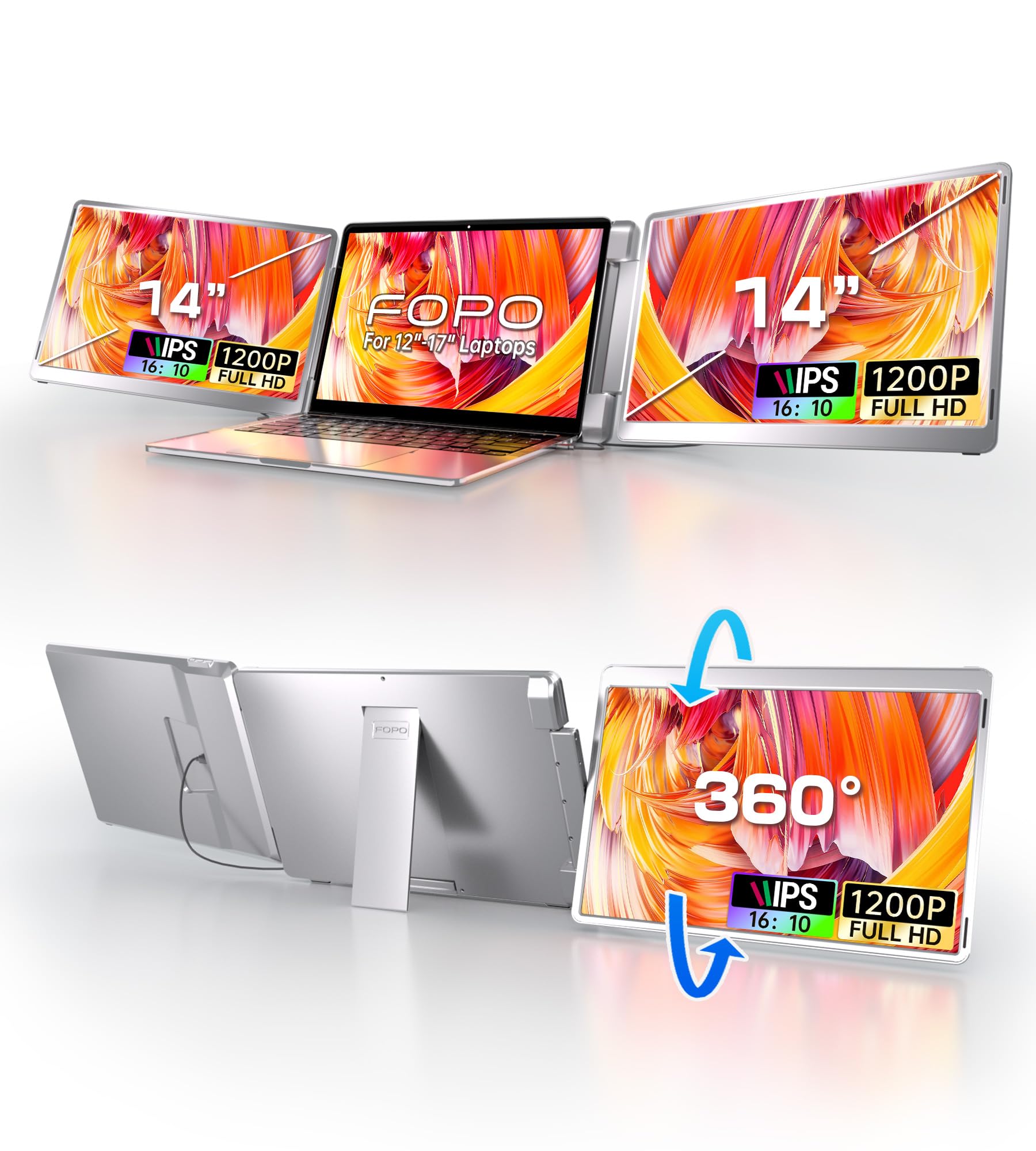 FOPO 14 اینچ Triple Monitor Laptop Screen Extender - FHD 1200P 16:10 Laptop Screen Extender، صفحه نمایش سمت چپ 360 درجه پورتابل با قابلیت Flip برای لپ تاپ های 12-16 اینچی با HDMI/USB - C، پلاگ اند پلی - S7