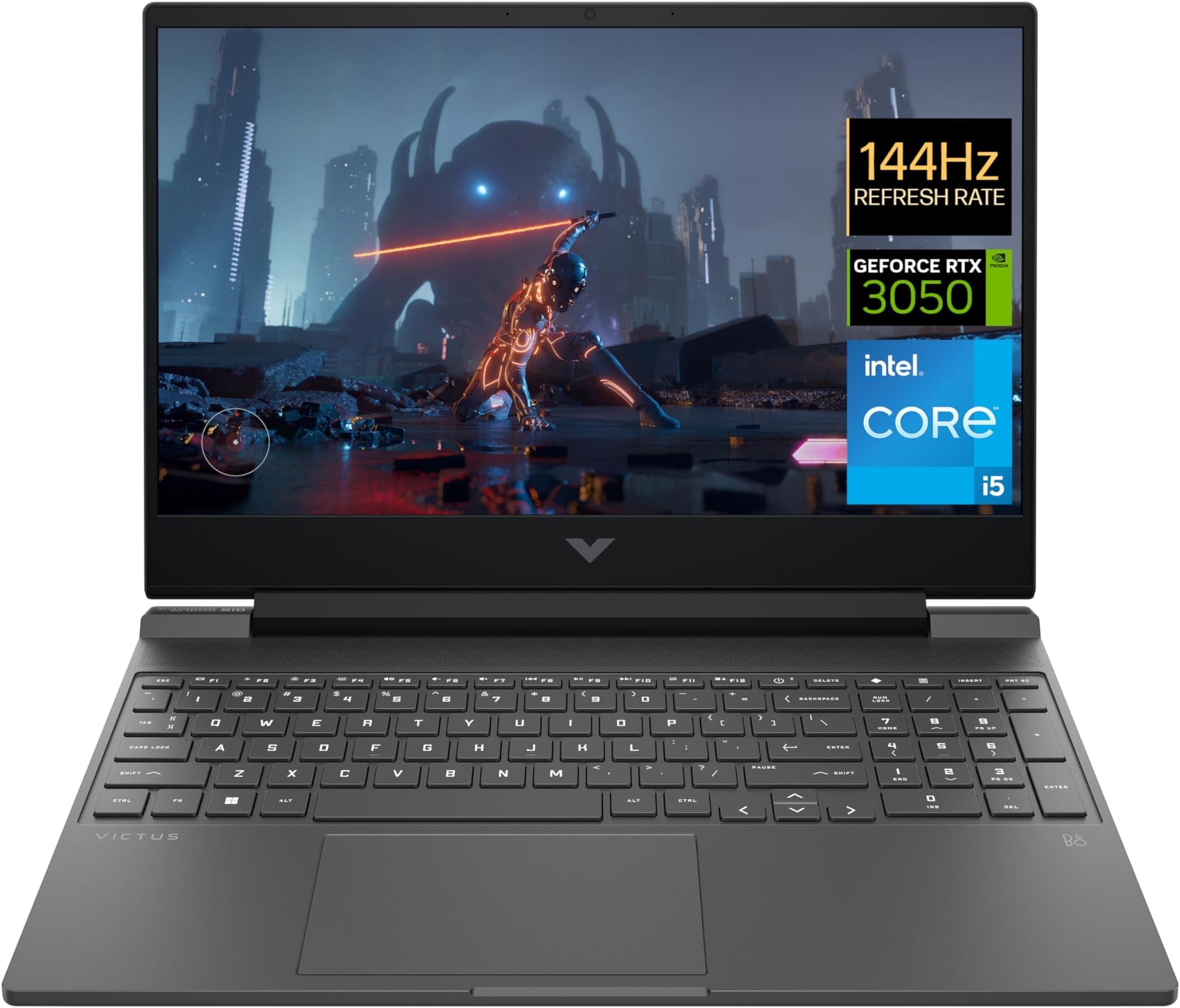 لپ تاپ گیمینگ HP Victus 15-fa0093ne، با صفحه نمایش 15.6 اینچی FHD 144Hz، پردازنده Intel® Core™ i5-12450H نسل 12، 16GB RAM DDR4، 512GB SSD، گرافیک NVIDIA® GeForce RTX™ 3050 با حافظه 4GB، صفحه کلید انگلیسی/عربی، ویندوز 11، رنگ نقره‌ای میکا [822T7EA]