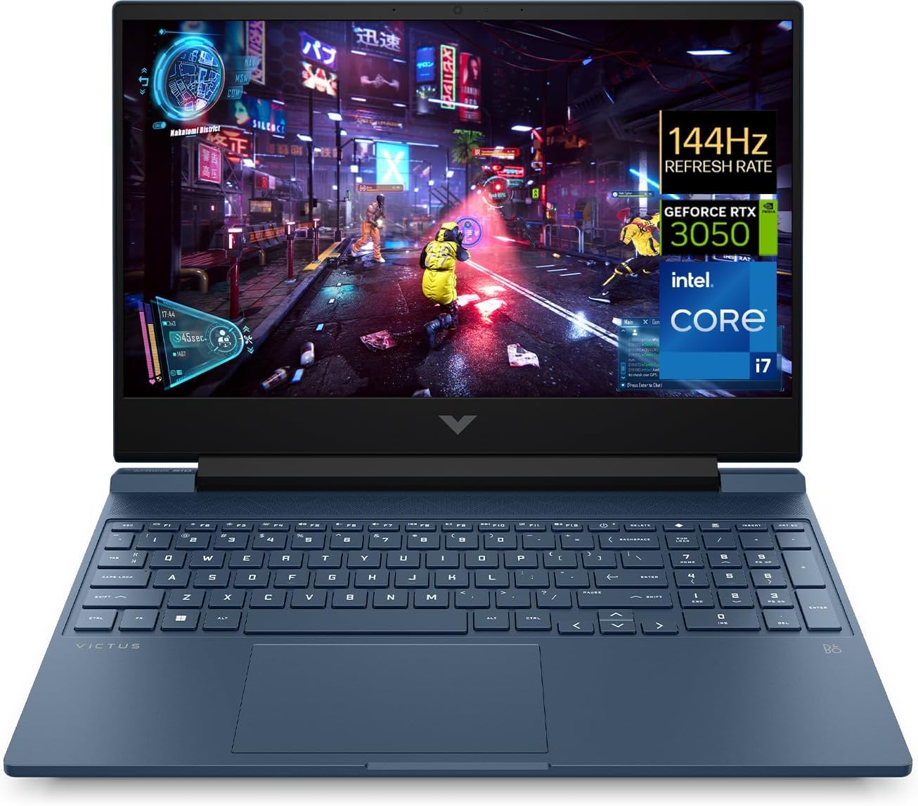 لپ تاپ گیمینگ Victus 15-fa1072ne، صفحه نمایش 15.6 اینچی FHD 144Hz، پردازنده Intel® Core™ i7-13700H نسل 13، حافظه RAM 16GB DDR4، حافظه داخلی 512GB SSD، کارت گرافیک NVIDIA® GeForce RTX™ 3050 با ظرفیت 6GB، ویندوز 11، رنگ آبی با عملکرد بالا، کیبورد با نور پس‌زمینه انگلیسی/عربی [7Z8C4EA]