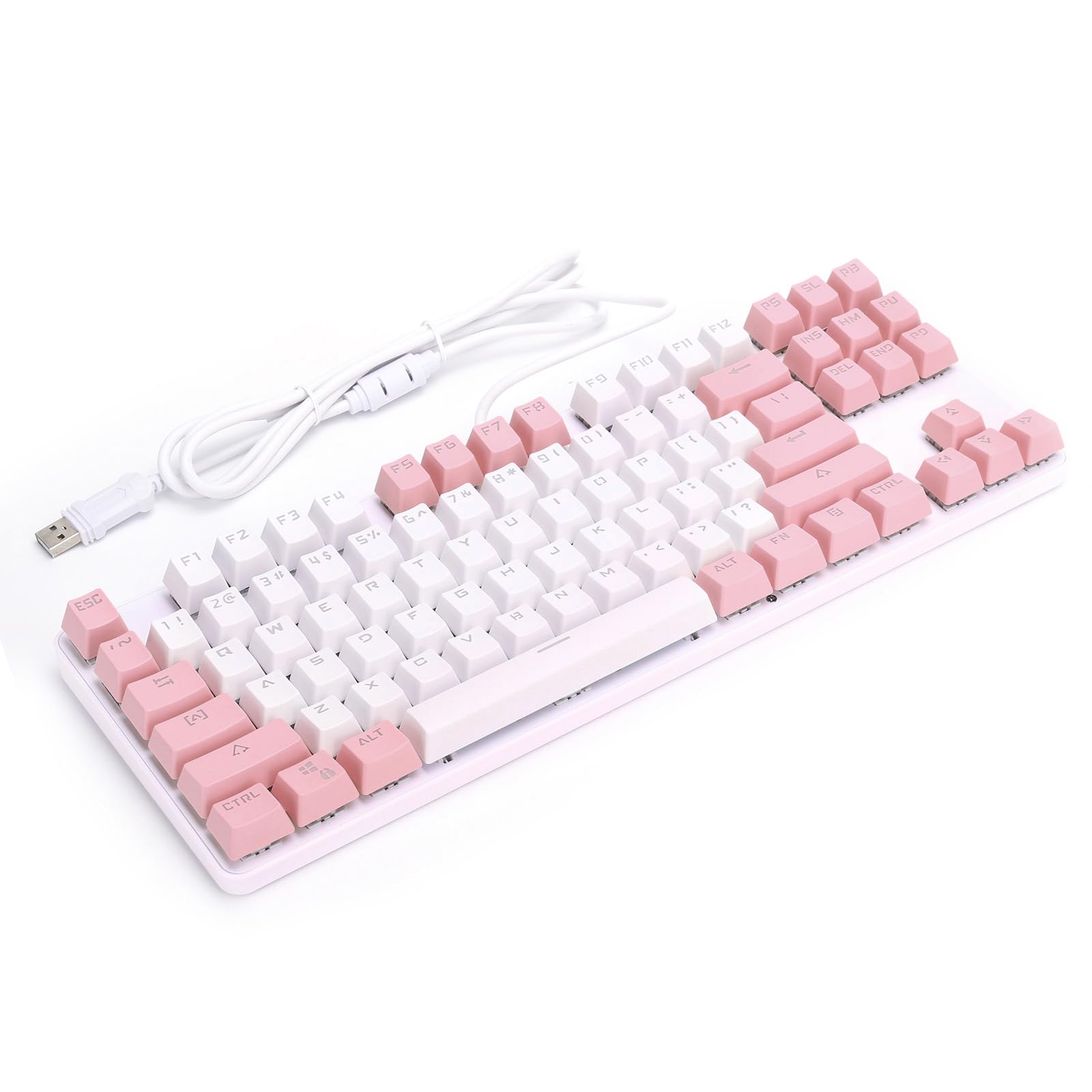صفحه کلید بازی مکانیکی XUMIUZIY، 87 کلید صفحه کلید های نورپردازی RGB LED باسیم، صفحه کلید بازی مکانیکی سفید+صورتی، صفحه کلید مکانیکی، وصل و استفاده (سفید صورتی)
