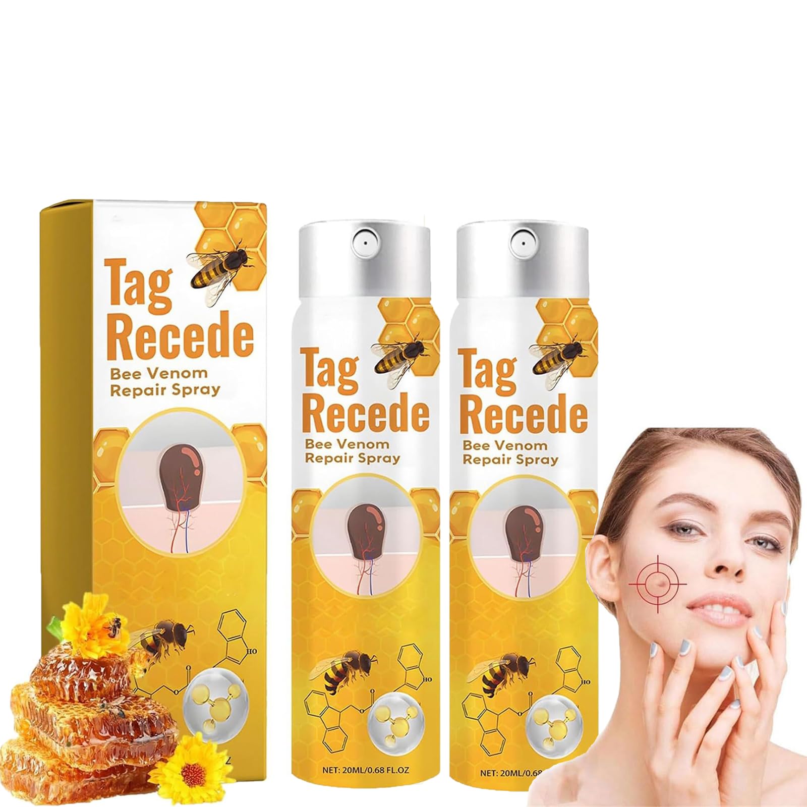 LBOYLOVE® 2 قطعه برند Bee Venom، نشان Tag Recede، اسپری طبیعی Bee Venom برای زنان و مردان، تغذیه عمیق، تقویت، و لطافت پوست حساس، مناسب برای تمام انواع پوست (20 میلی لیتر / 0.68 اونس)