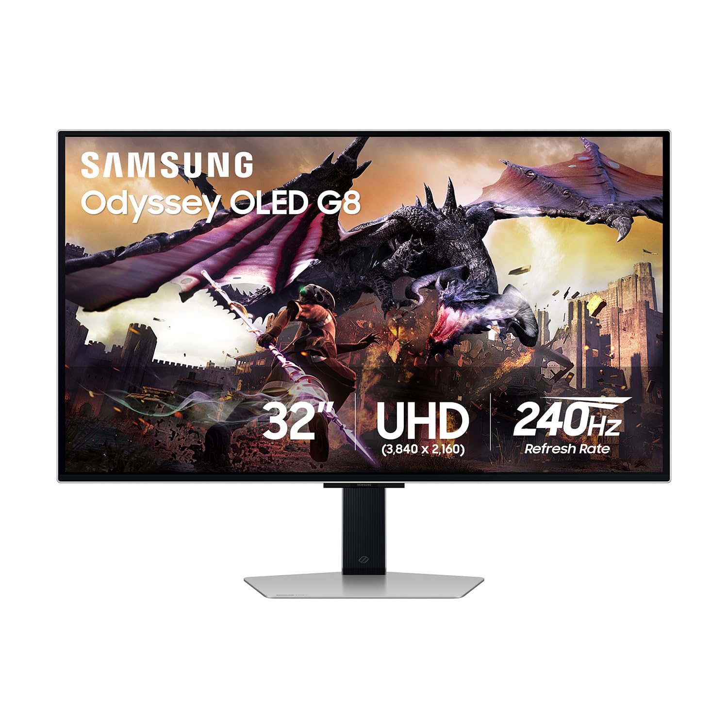 مانیتور بازی هوشمند Samsung 32" Odyssey OLED G8 (G80SD) Series با کیفیت تصویر 4K UHD، تکنولوژی QD-OLED، فرکانس تازه‌سازی 240Hz و زمان پاسخ‌دهی 0.03 میلی‌ثانیه، سازگار با G-Sync، صفحه نمایش ضد تابش، طراحی فلزی زیبا، مدل LS32DG800SNXZA، گارانتی 3 ساله