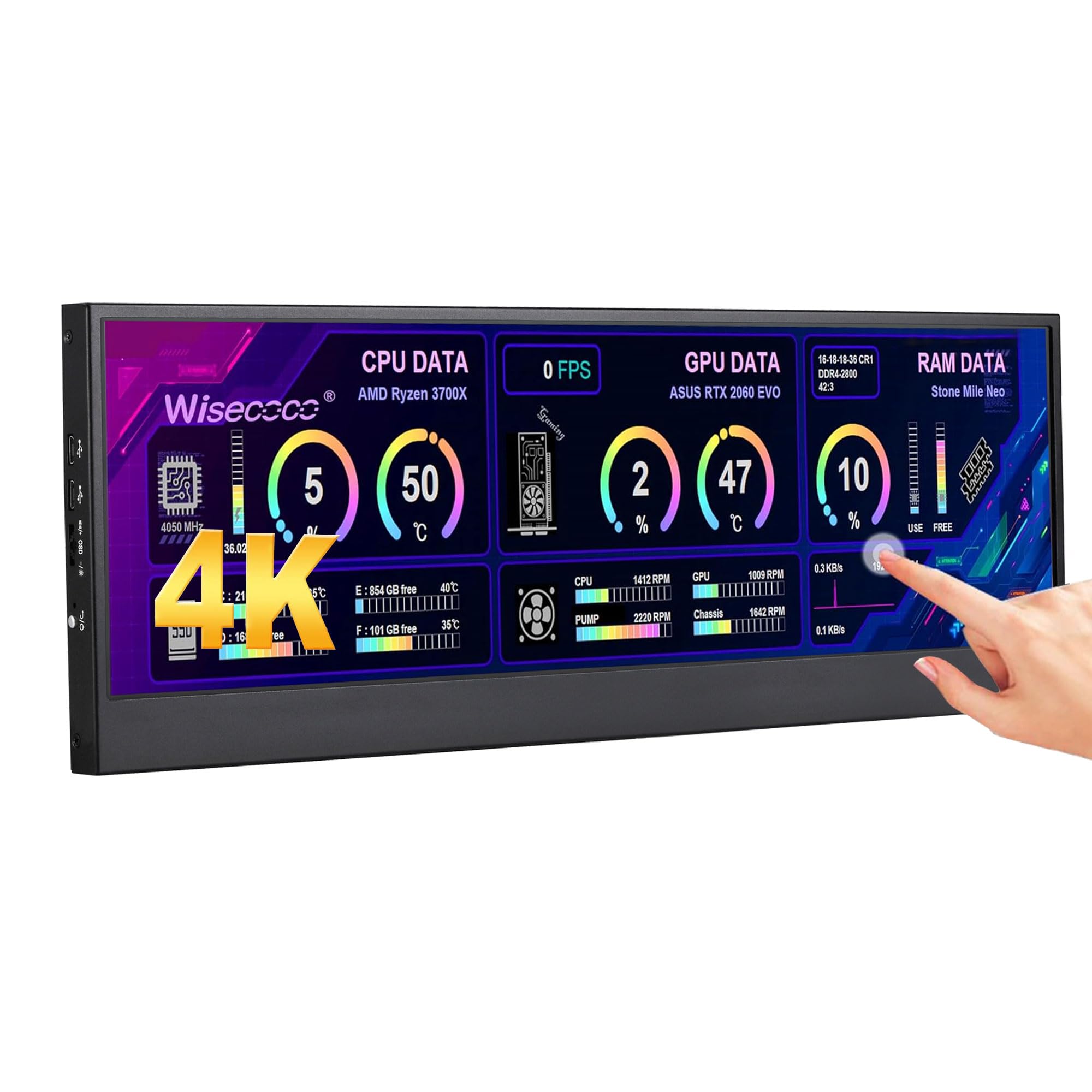 مانیتور لمسی با صفحه نمایش 14 اینچ 4K UHD IPS 3840x1100 برای لپ تاپ و کامپیوتر شخصی، با سرعت و دمای ویندوز، CPU، GPU، HDMI، منبع تغذیه دوم برای ویرایش تایملاین موسیقی و رسانه‌ها.