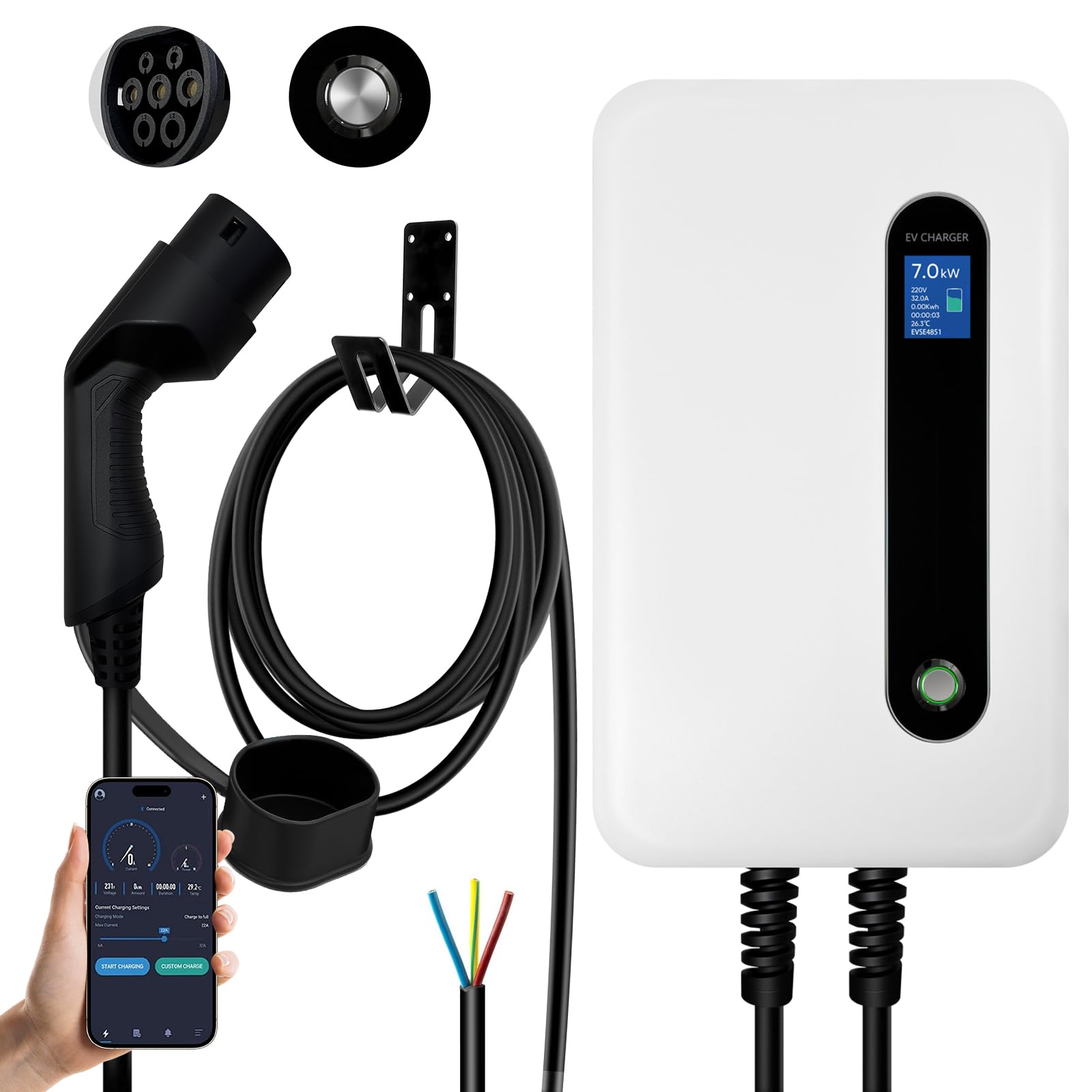 شارژر EV نوع 2 32A 7.2kW ایستگاه شارژ خودروی الکتریکی خانگی وال‌باکس با کابل 6 متری شارژ برای همه خودروهای الکتریکی و خودروهای هیبرید قابل شارژ پلاگ این فازه 7KW-APP