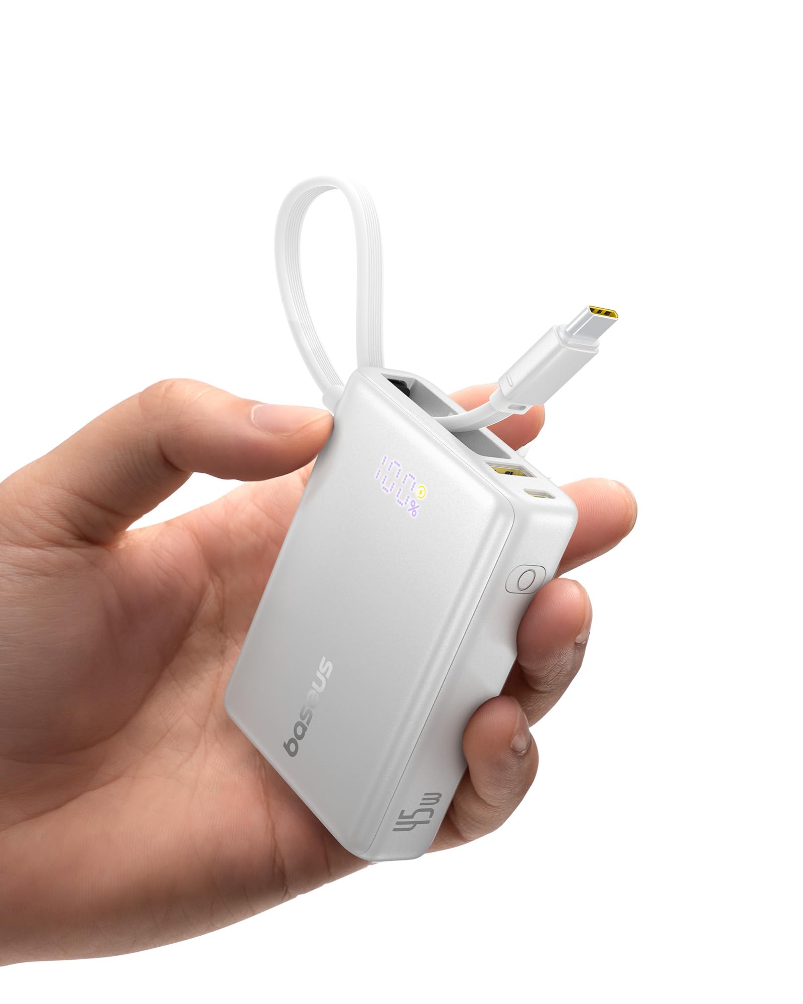 پاور بانک Baseus برای iPhone، 10000 میلی آمپر 45 وات 3 خروجی شارژر قابل حمل با کابل USB-C داخلی، باتری خارجی شارژ سریع PD QC برای iPhone 16/15/14/13 / Pro / Pro Max، Samsung، MacBook Pro، iPad