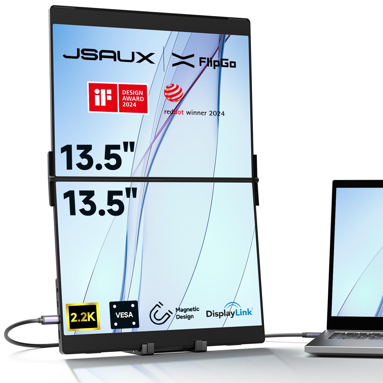 JSAUX FlipGo 13.5" Pro 2.2K دوگانه مانیتور قابل حمل، افزایش دهنده صفحه نمایش لپ‌تاپ سه گانه | DisplayLink | HiDPI | یک کابل به دو IPS | پورت HUB داخلی | طراحی مغناطیسی برای ویندوز، لینوکس، مک‌اواس 13.5 "Pro سیاه