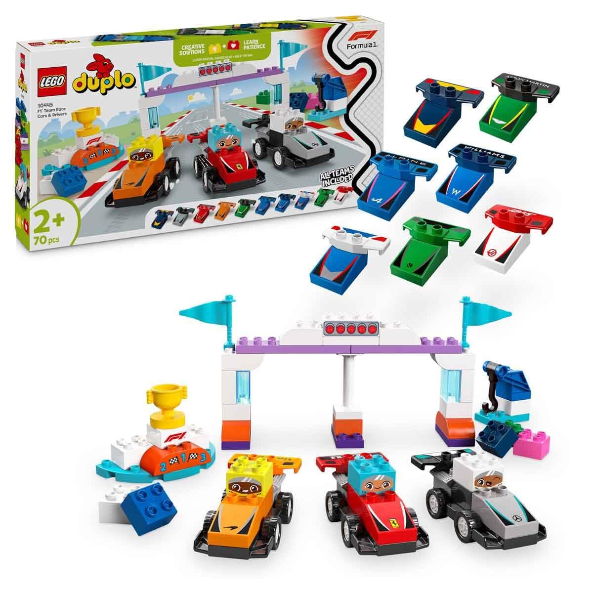 بازی ساختنی تیم مسابقه خودروهای فرمول یک و رانندگان LEGO DUPLO Town برای بازی تخیلی، هدیه تولد فرمول یک برای کودکان 2 سال به بالا، پسران و دختران، کمک به تقویت مهارت‌های حرکتی دقیق 10445