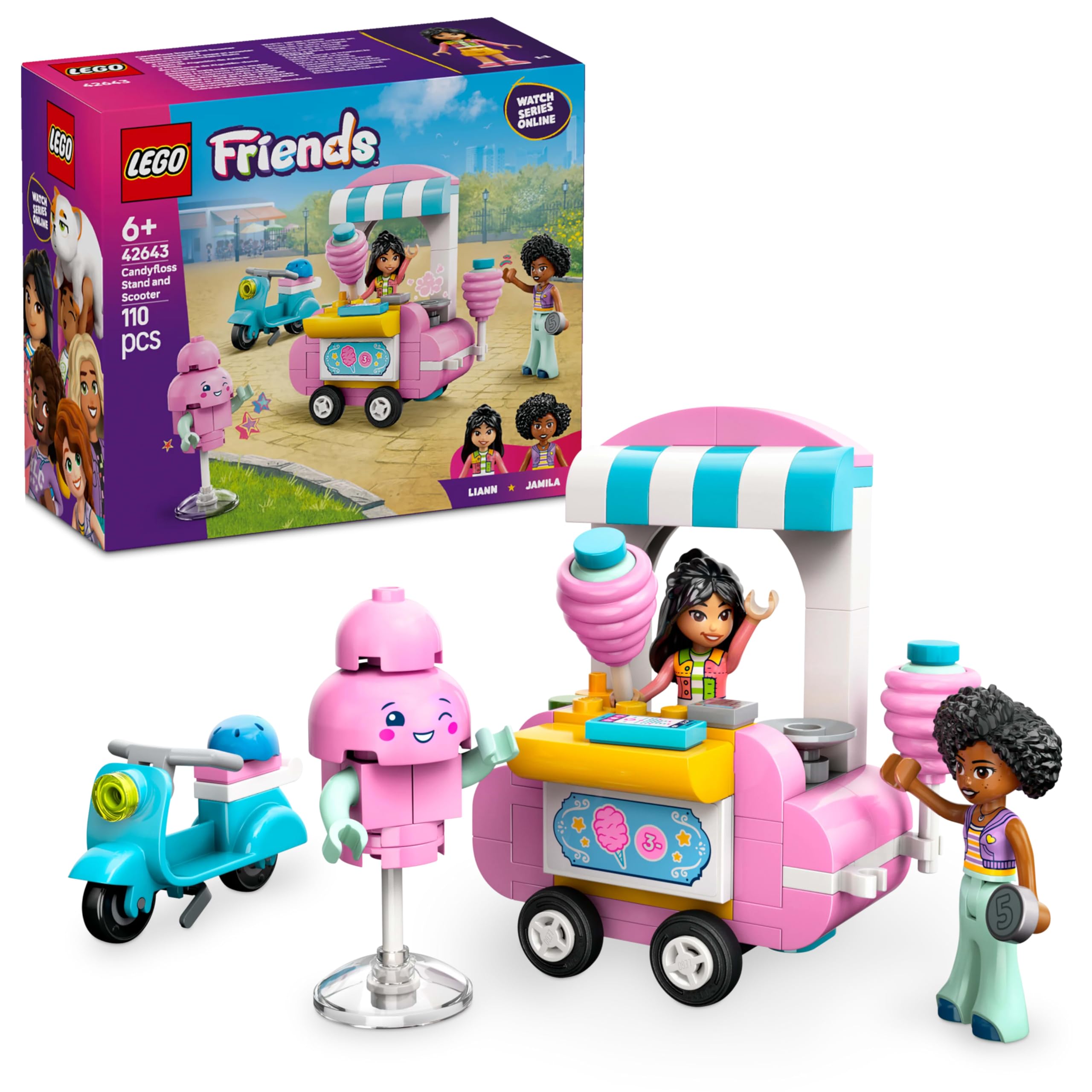 مجموعه بازی ساخت و ساز خلاق LEGO Friends Candyfloss Stand and Scooter برای دختران 6 سال به بالا، شامل 2 عروسک کوچک، کمیاب ویلچر غذایی و لوازم جانبی می باشد.