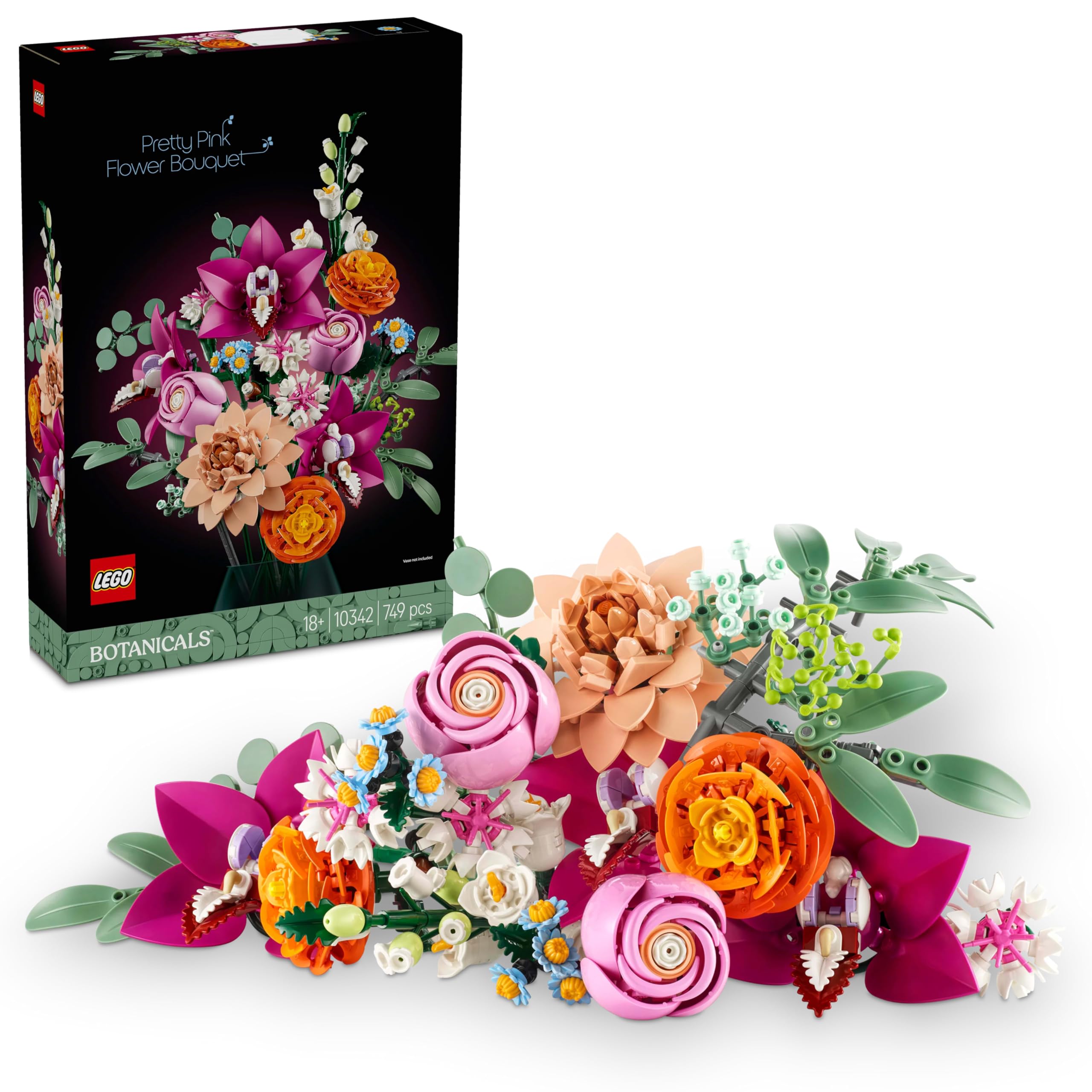 مجموعه LEGO Botanicals Pretty Pink Flower Bouquet برای بزرگسالان - کیت ساخت و تزیین خانه با گل‌های مصنوعی گل‌های رز، گل‌های مریم، گل‌های آبی و گل‌های Elderflowers - هدایای طبیعت برای زنان و مردان - 10342