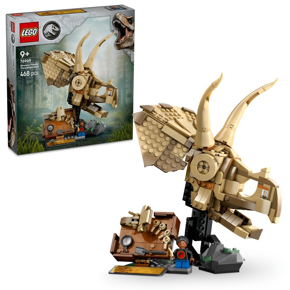 مدل جمجمه تریسراتوپس LEGO Jurassic World Dinosaur Fossils، اسباب بازی دایناسور برای پسران و دختران 9 سال به بالا، با باز شدن دهان و استند نمایش، ایده هدیه تولد 76969