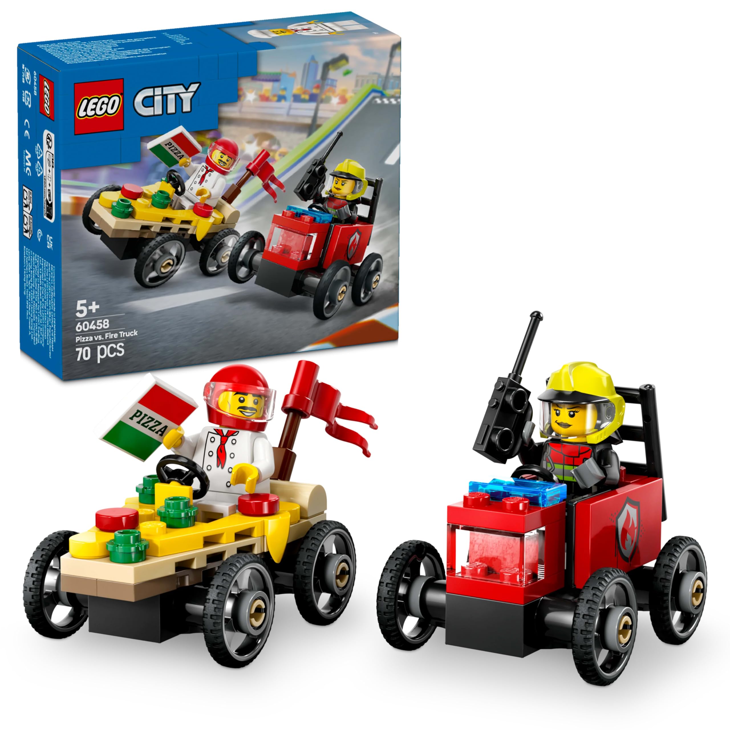 بسته اسباب بازی LEGO City Pizza vs. مسابقه اتومبیل آتش نشانی - اسباب بازی اتومبیل مسابقه - اسباب بازی اتومبیل Soapbox برای پسران و دختران 5 سال به بالا - هدایای جذاب تعطیلات یا تولد - مجموعه شامل 2 انیمیشن ساز است - 60458