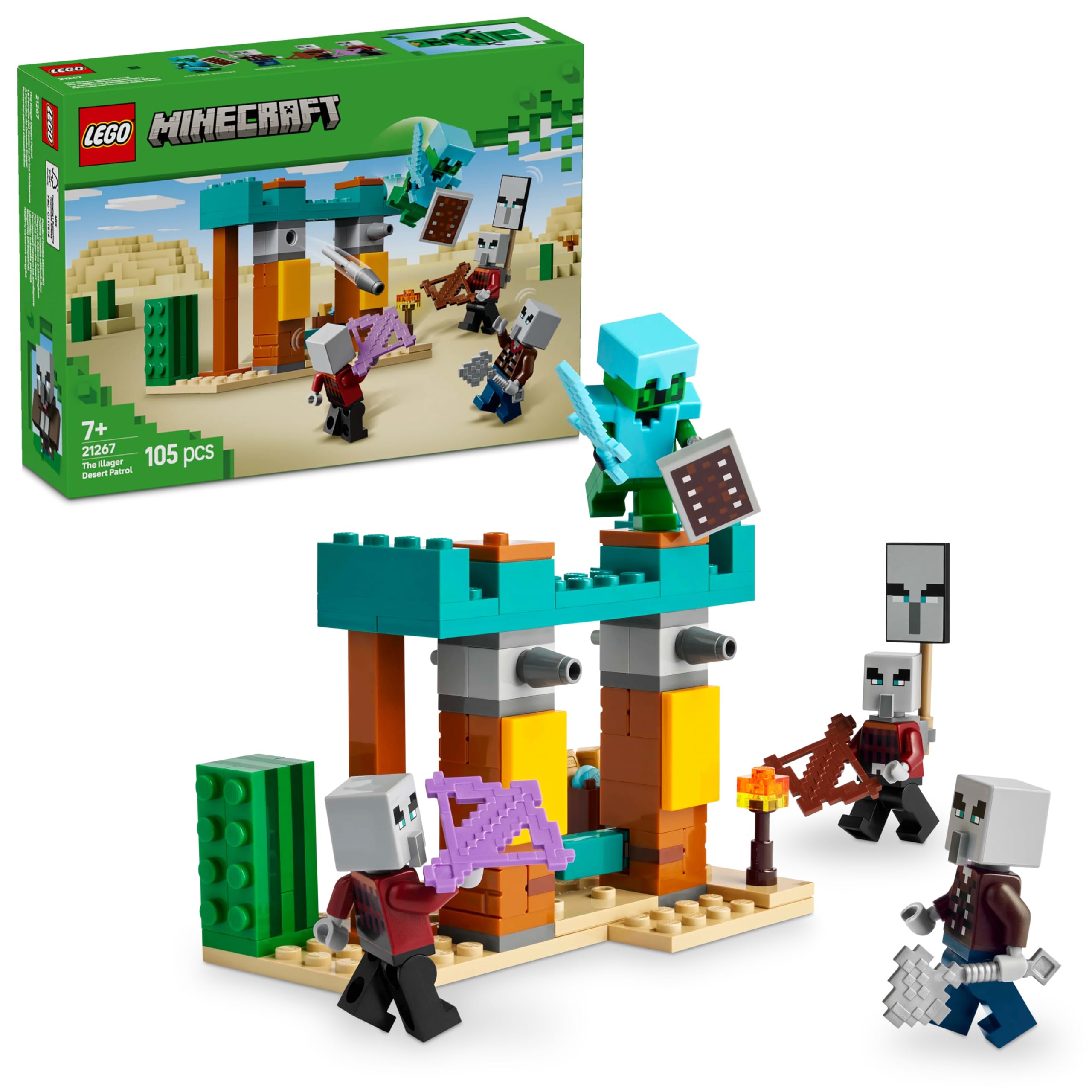 مجموعه نگهبان صحرایی LEGO Minecraft Illager - اسباب‌بازی ساخت و ساز شامل انواع نگهبان، مدافع و شوالیه کاکتوس برای بازی تخیلی - هدیه تولد برای پسران و دختران ۷ سال به بالا31267