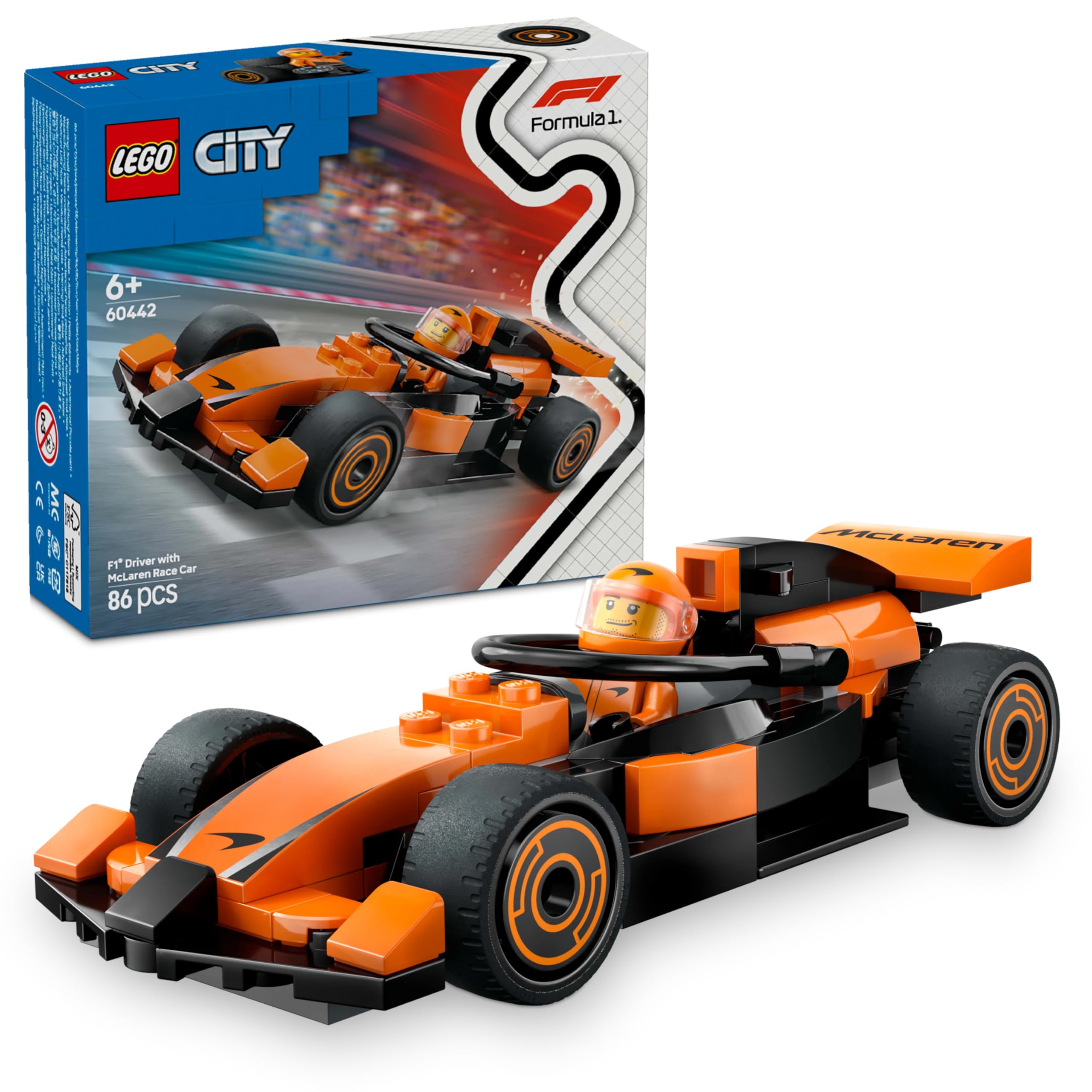LEGO City راننده F1 با اتومبیل مسابقه McLaren - اسباب بازی ساخت و ساز فرمول 1 با یک مینی‌فیگور راننده مسابقه - ایده هدیه کوچک برای پسران و دختران 6 ساله و بالاتر یا طرفداران بزرگسال موتوراسپرت - 60442