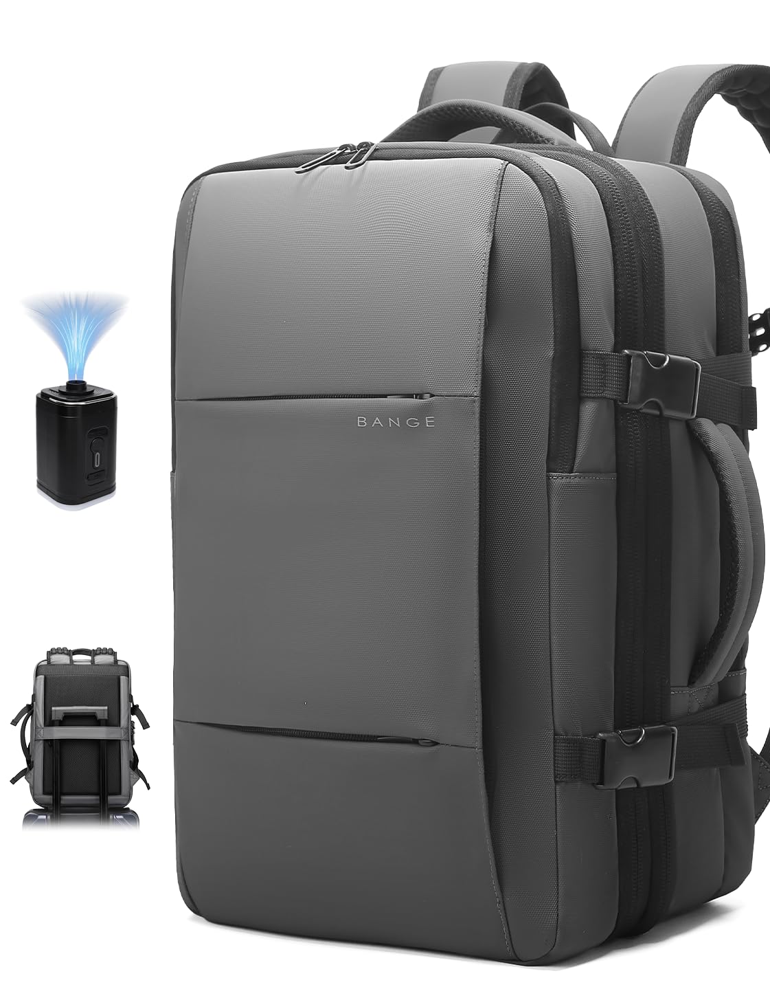 کوله‌پشتی هواپیما BANGE Airback با فشار دهنده ضد دزدگیر، کوله‌پشتی سفر فشرده قابل تورم با پمپ هوا برای هواپیماها با پمپ هوا رنگ خاکستری
