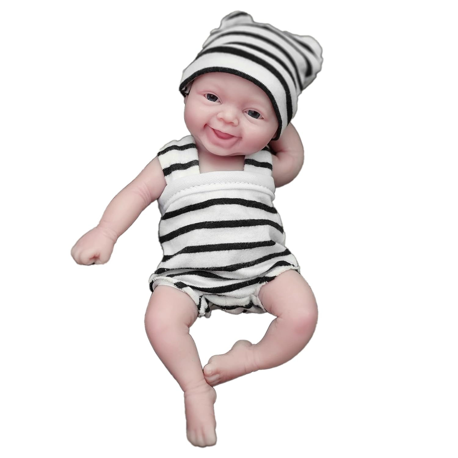 MYREBABY 7 "نوزای سیلیکونی جذاب مینی، نمونه کامل بدن نوزاد سیلیکونی واقع‌گرای کوچک چشم‌های زنده لبخند باز با لوازم تغذیه و جعبه هدیه (1 عروسک + 2 مجموعه لباس) جان