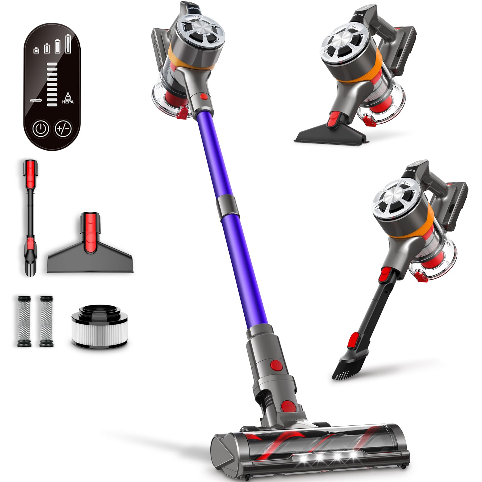 Belife S11 Cordless Vacuum Cleaner، 500W/45Kpa 50Mins Runtime Vacuum Cleaners برای منزل، Stick Vacuum با ایستگاه شارژ، Vaccum سبک وزن ضد-گره برای موهای حیوان خانگی، فرش، کف سخت