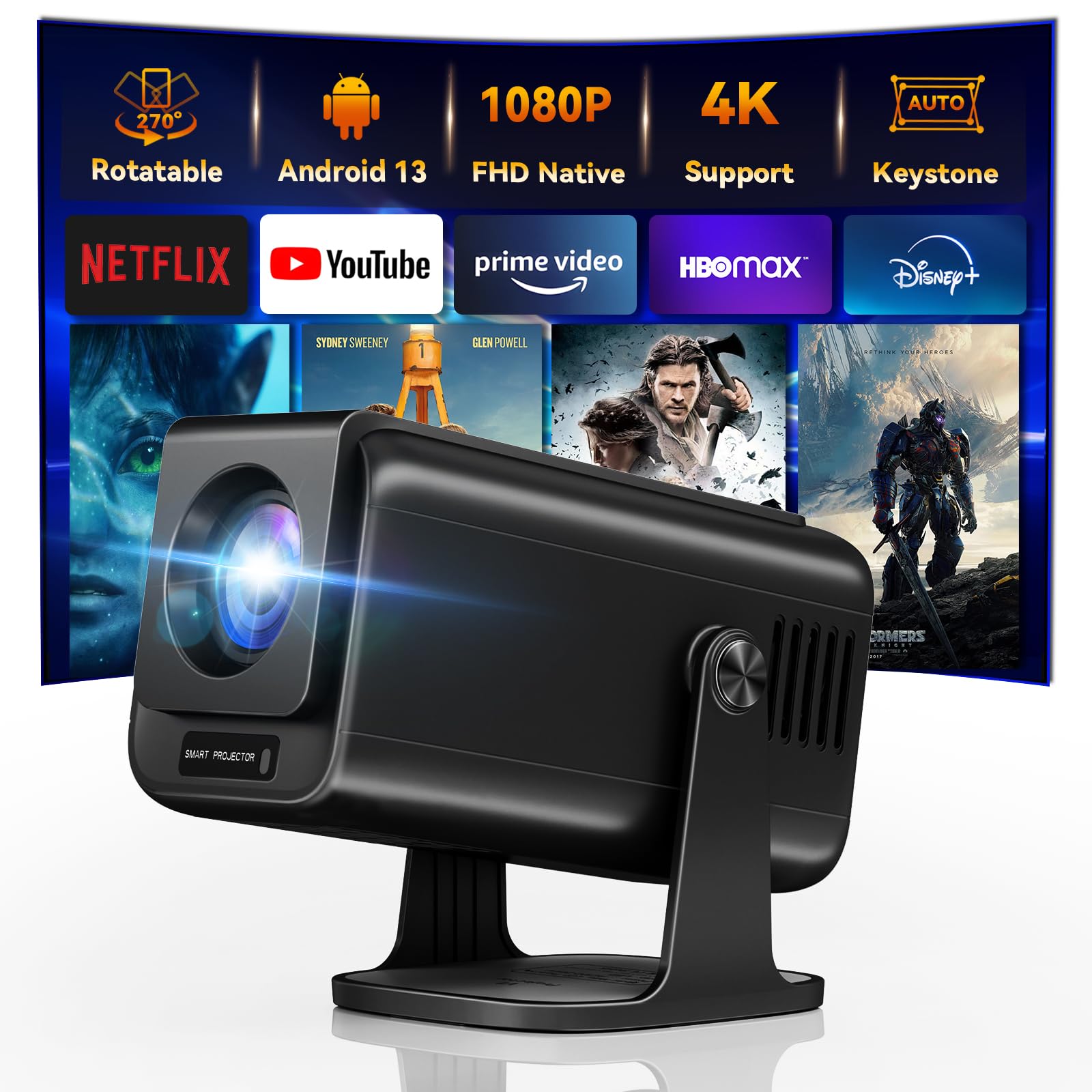 وای فای و بلوتوث دارایرین پروژکتور قابل حمل بیرونی با کیفیت تصویر اصلی۱۰۸۰ پی, برنامه های داخلی, کی‌استون خودکار, سیستم عامل اندروید ۱۳, استند قابل چرخش ۲۷۰ درجه, پشتیبانی از ۴K  پروژکتور خانگی بزرگ حرفه ای, رنگ مشکی