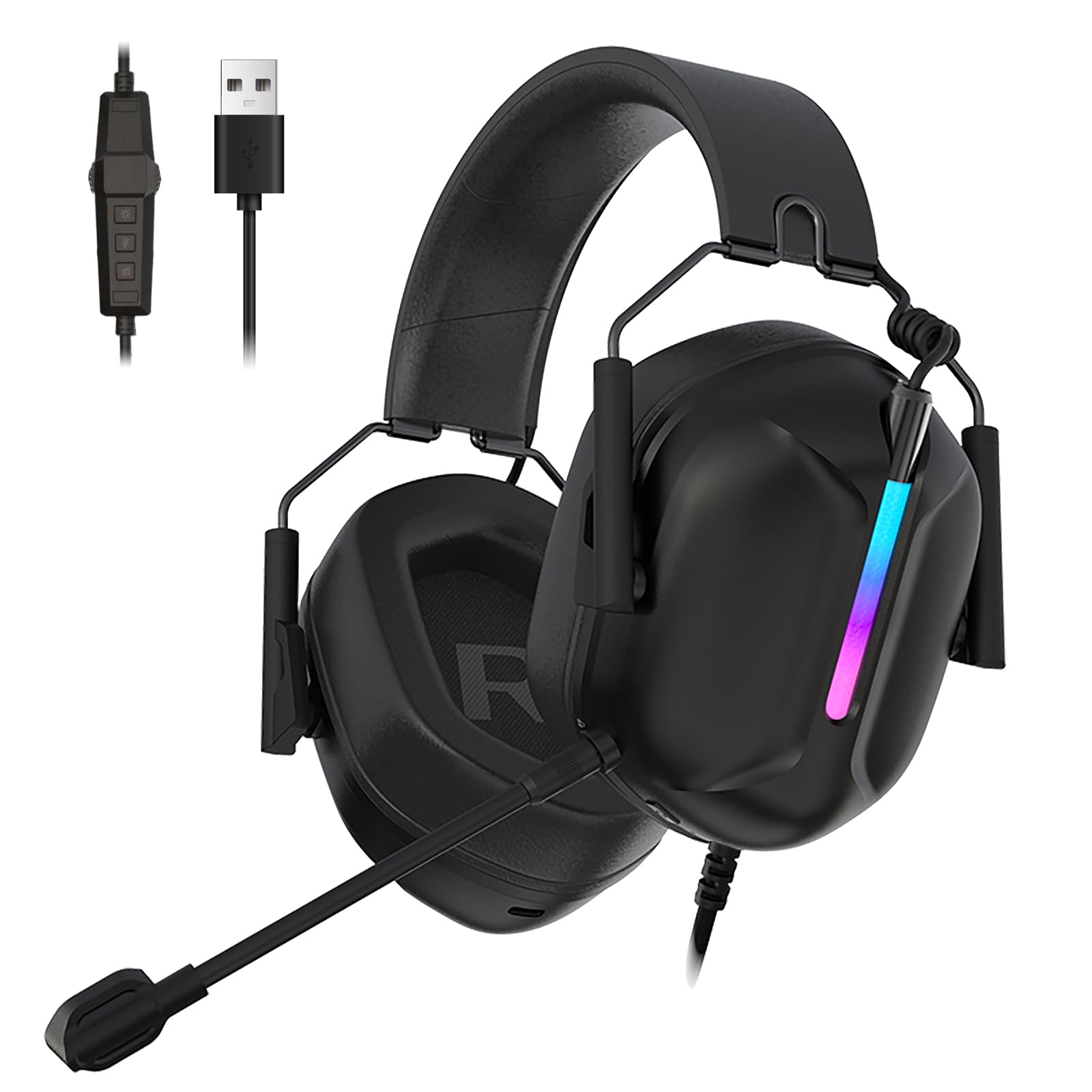 هدست بازی OMIRE RB-C7 برای PS5، PS4، PC، Mac، Switch، Xbox Series، هدفون بازی RGB با صدای فراگیر 7.1 با میکروفون لغو نویز، درایور‌های دینامیک 50 میلیمتری، جک صوتی USB، مشکی C7 سیاه