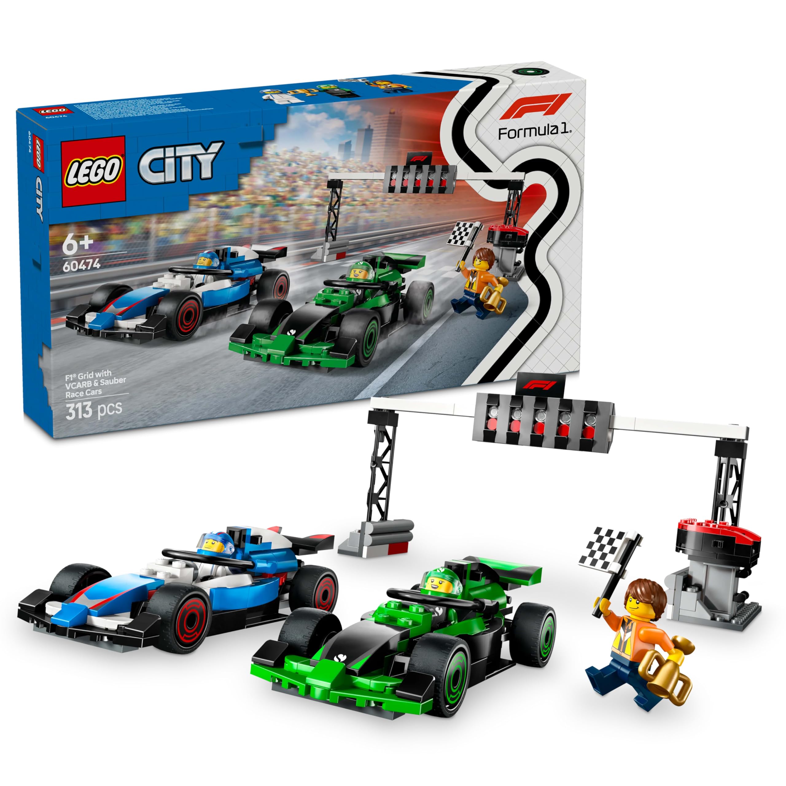 LEGO City F1 Grid با اتومبیل‌های VCARB و Sauber Race - اسباب‌بازی ماشین فرمول یک، 2 مینی فیگور راننده، مارشال و نورهای شروع - ایده‌ی هدیه‌ی جذاب برای پسران و دختران 6 سال به بالا - 60474