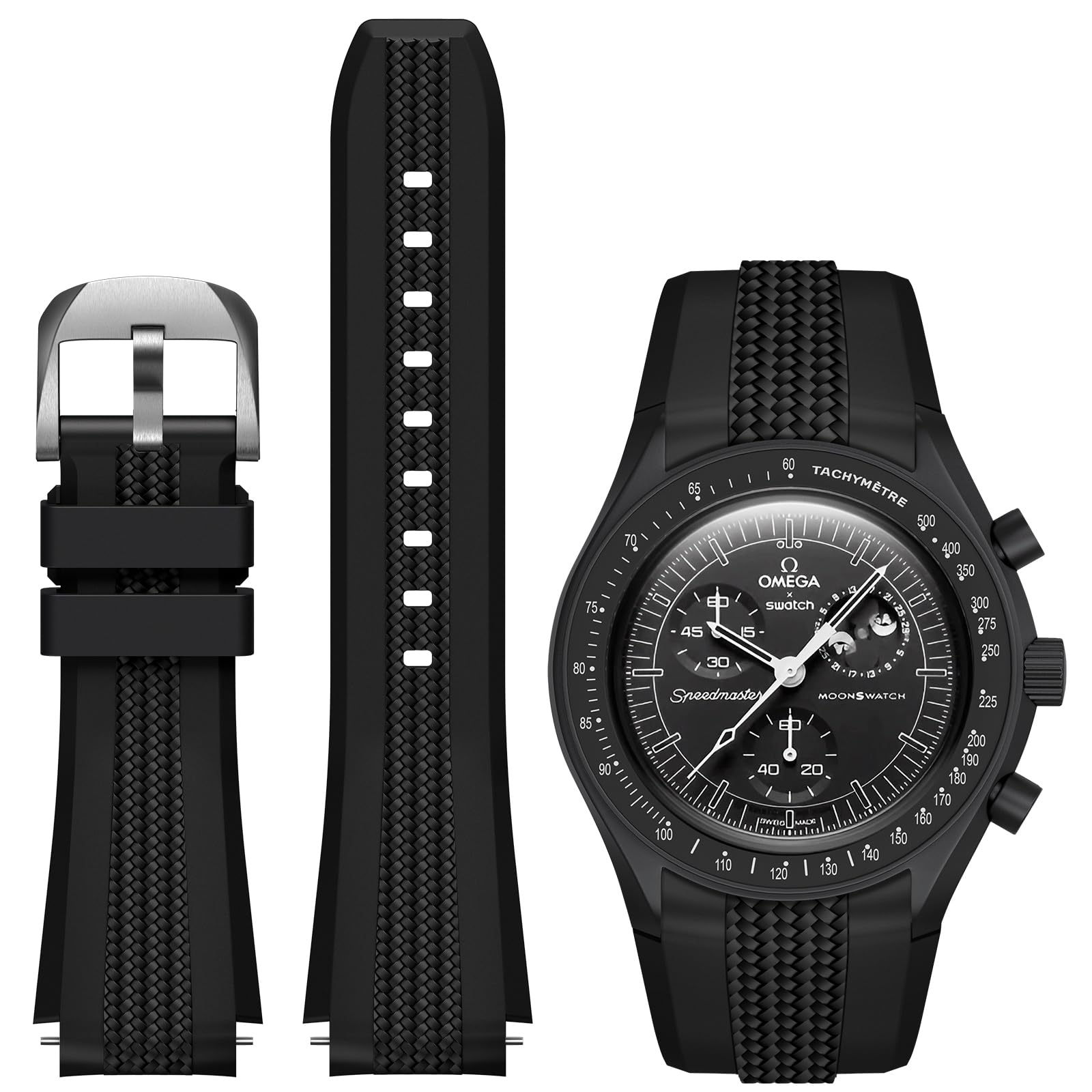 قابلیت جایگزینی بند REBANDACE برای ساعت Moonswatch، بند سیلیکونی بدون فاصله برای ساعت Omega X Swatch Speedmaster Moonswatch با عرض 20 میلیمتر، قابلیت جایگزینی نرم برای بند منحنی ساعت Swatch Omega مردان و زنان رنگ مشکی