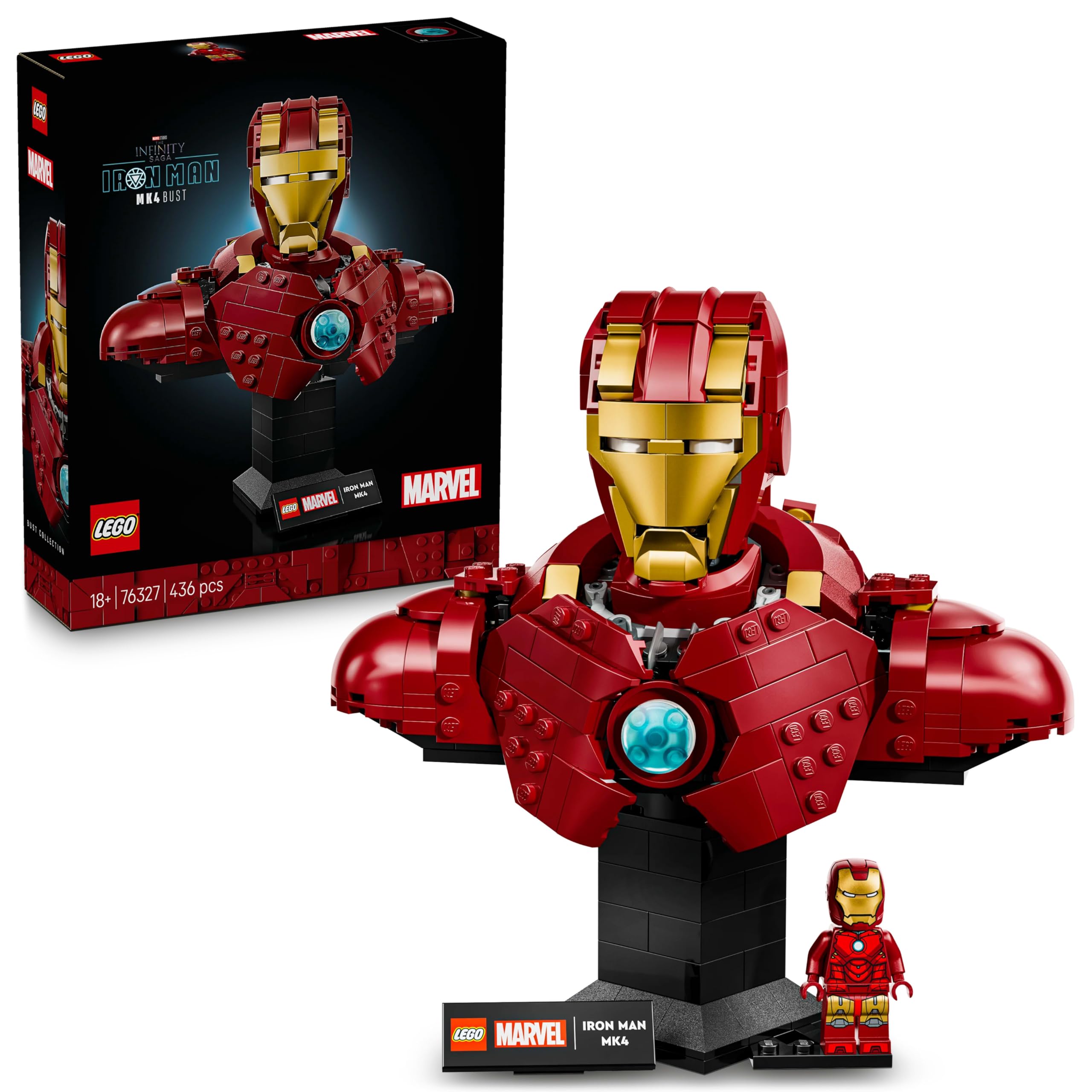 مجسمه سرپوشیده LEGO Marvel Iron Man MK4 - مجموعه ساختنی نمایشی برای بزرگسالان شامل یک مینی فیگور تونی استارک، با کانون‌های شانه و سر چرخان - هدیه ارزشی انتخابی برای طرفداران آونجرز - 76327