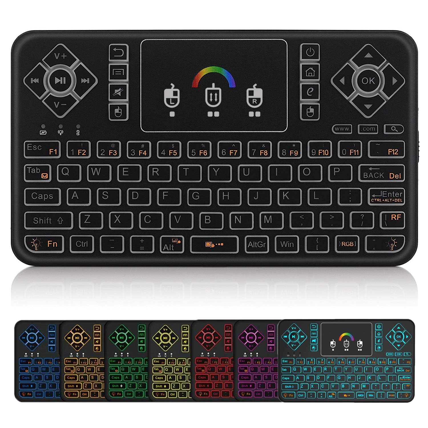 صفحه کلید بی‌سیم کوچک KASTWAVE Mini، صفحه کلید قابل حمل Q9 با تاچ‌پد رنگارنگ، صفحه کلید دستی قابل شارژ برای کامپیوتر، Raspberry Pi 4، جعبه تلویزیون اندروید، KODI، ویندوز 7، 8، 10