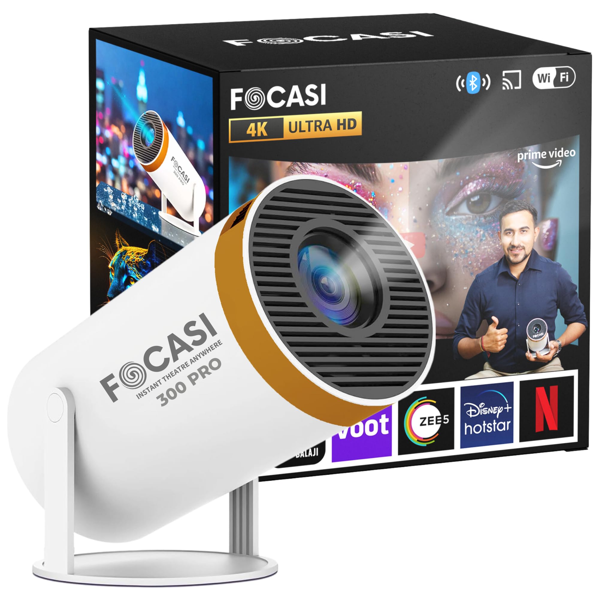 پروژکتور 4K فوکاسی برای خانه Ultra HD با تلویزیون هوشمند اندروید برای سینمای خانگی کوچک قابل حمل بی‌سیم بلوتوث وای‌فای