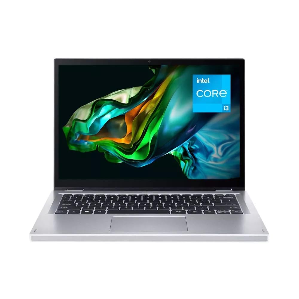 لپ تاپ تبدیل‌پذیر Acer Aspire 3 Spin 14، صفحه نمایش لمسی IPS WUXGA 1920 × 1200 اینچی 14 اینچ، پردازنده Intel Core i3، گرافیک Intel UHD، 8GB LPDDR5، 256GB SSD، Wi-Fi 6، ویندوز 11 Home در حالت S، رنگ نقره‌ای، مدل A3SP14-31PT-38YA