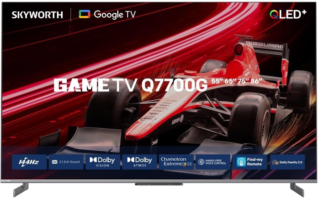 تلویزیون هوشمند SKYWORTH 86 اینچ 4K UHD QLED - نرخ به‌روزرسانی 144Hz، تلویزیون Google با ذخیره‌سازی 32GB، Dolby Vision و Atmos، 3x HDMI 2.1 (VRR/ALLM)، MEMC، ریموت صوتی هوشمند AI - تلویزیون خانگی و بازیگری پریمیوم (86Q7700G)