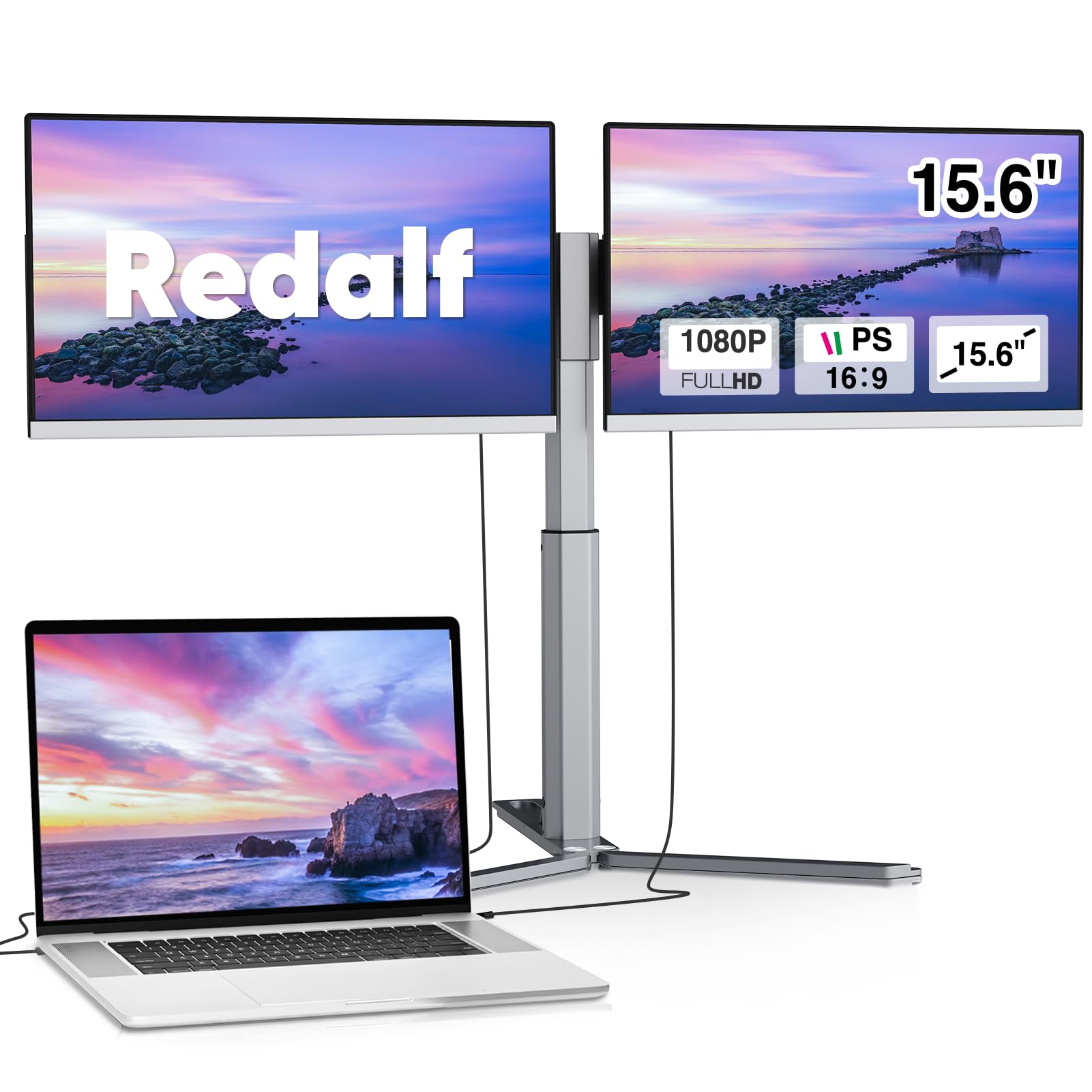مانیتور قابل حمل Redalf 15.6 اینچ با رزولوشن FHD برای لپتاپ، IPS بدون فریم، سازگار با مک، ویندوز، کروم، مناسب برای تمام اندازه های لپ تاپها، 15.6 اینچده ، افزایش دهنده ی صفحه نمایش قابل جدا شدن