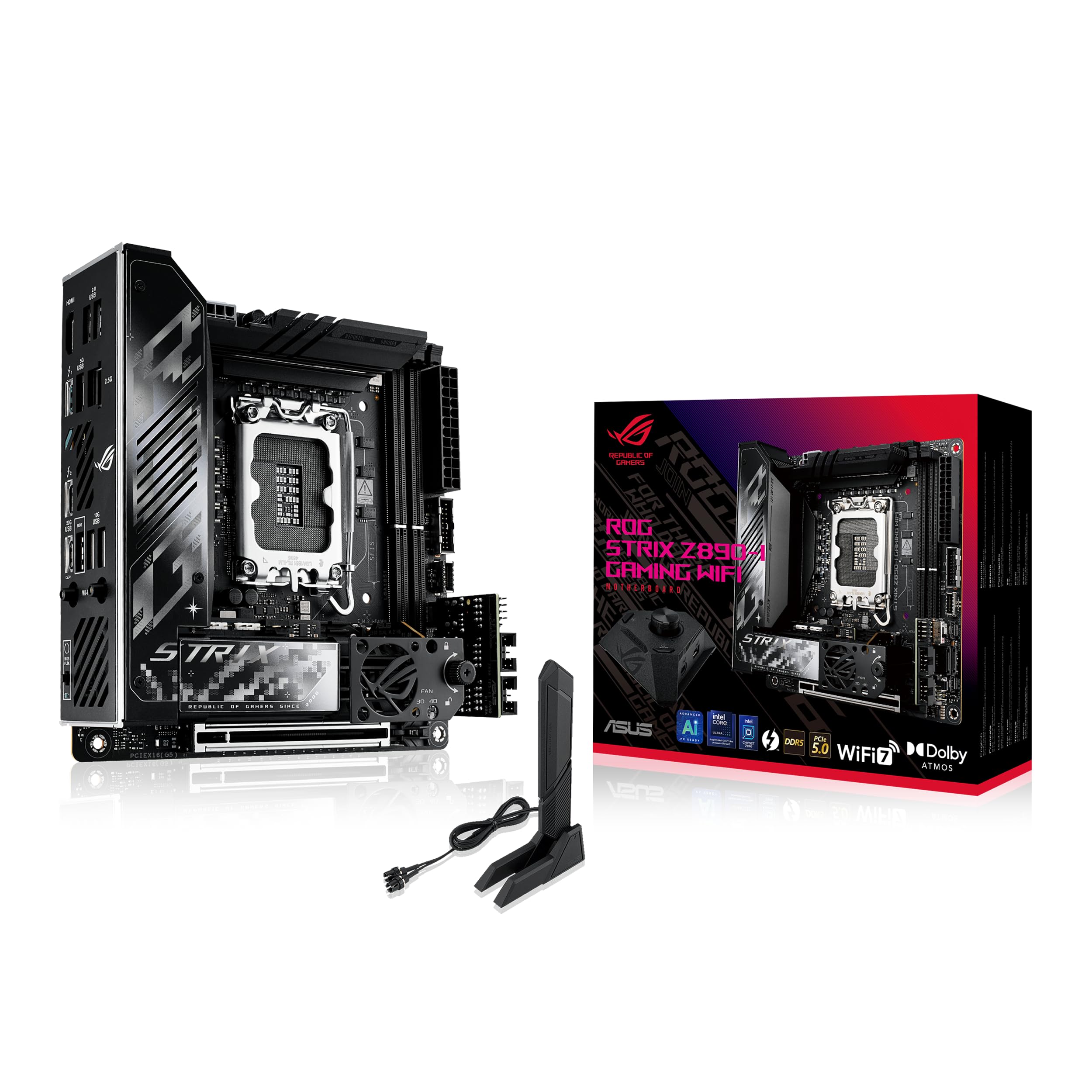 مادربرد ASUS ROG STRIX Z890-I GAMING WIFI با چیپست Intel Z890 و سوکت LGA1851، DDR5 9200، HDMI، 2xUSB4، 2x M.2، USB3.2، WiFi 7 + BT، AURA RGB، LAN 2.5Gbit، Mini ITX، 10+1+2+1 فاز تغذیه، Thunderbolt 4، با نام Z890 Strix I Gaming WiFi
