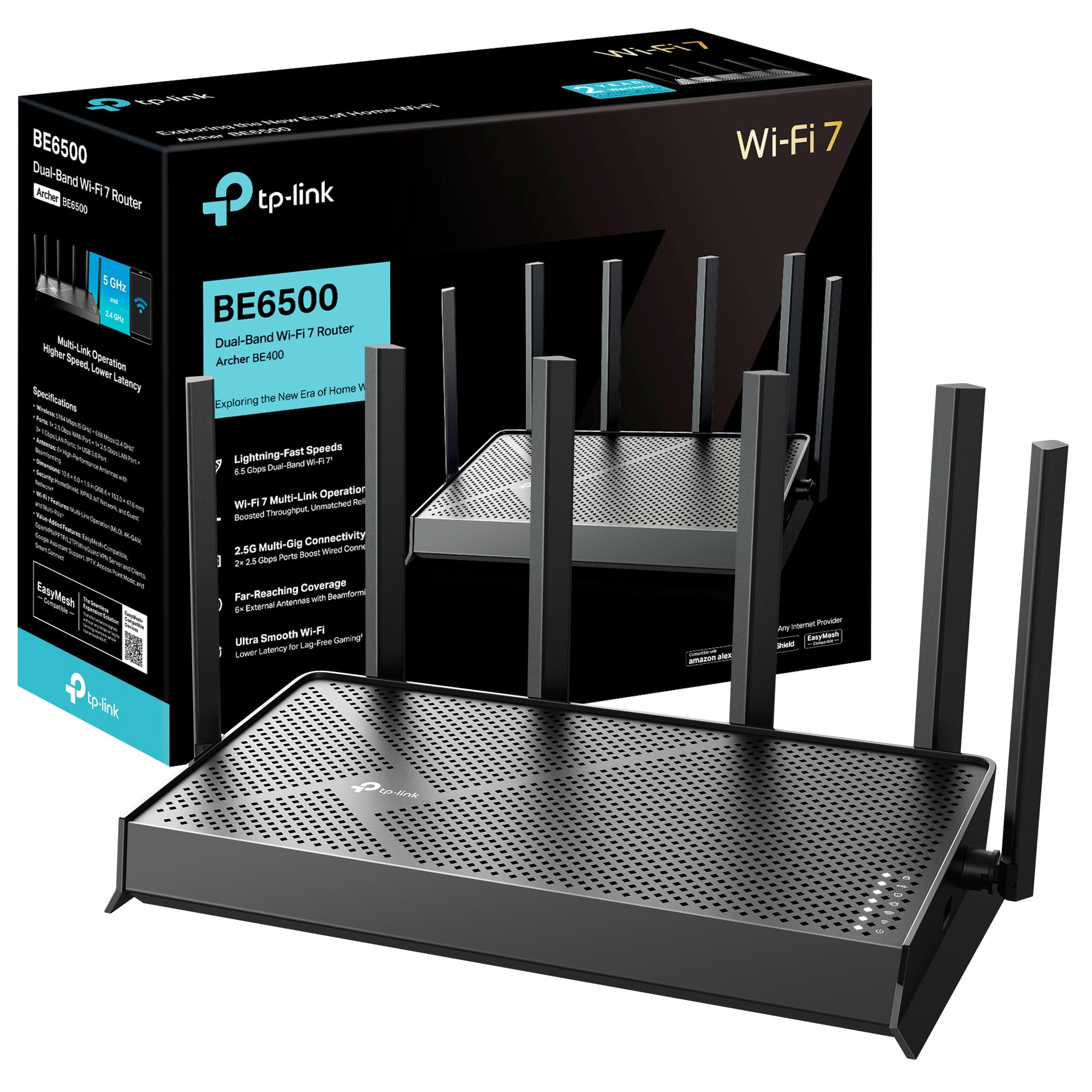 TP-Link Archer BE6500 Dual-Band Wi-Fi 7 Router | دو پورت 2.5 Gbps USB 3.0 | پوشش تا ۲،۴۰۰ فوت مربع و ۹۰ دستگاه | پردازنده چهار هسته ای | HomeShield، Private IoT for Network Security - Archer BE400