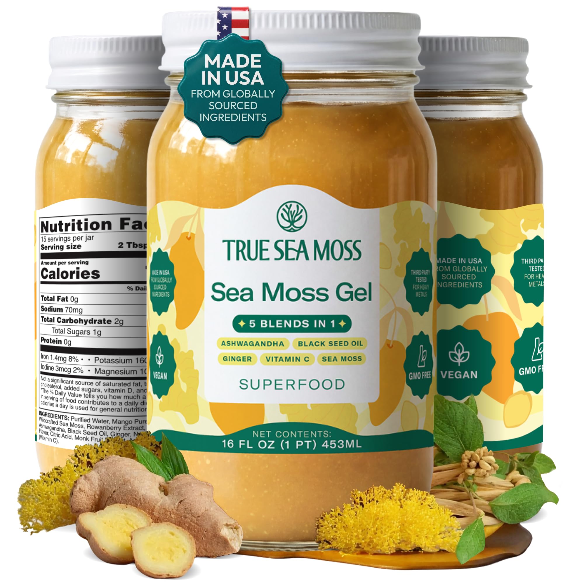 ژل دریایی TrueSeaMoss - تهیه شده در آمریکا - فرمول 5 در 1 - جنگلی Seamoss، Ashwagandha و سبزیجات تازه - Ashwagandha، بسته‌ای حاوی 1 عدد (برچسب‌ها ممکن است متفاوت باشند) Ashwagandha 16 اونس مایع (بسته‌ای حاوی 1 عدد)