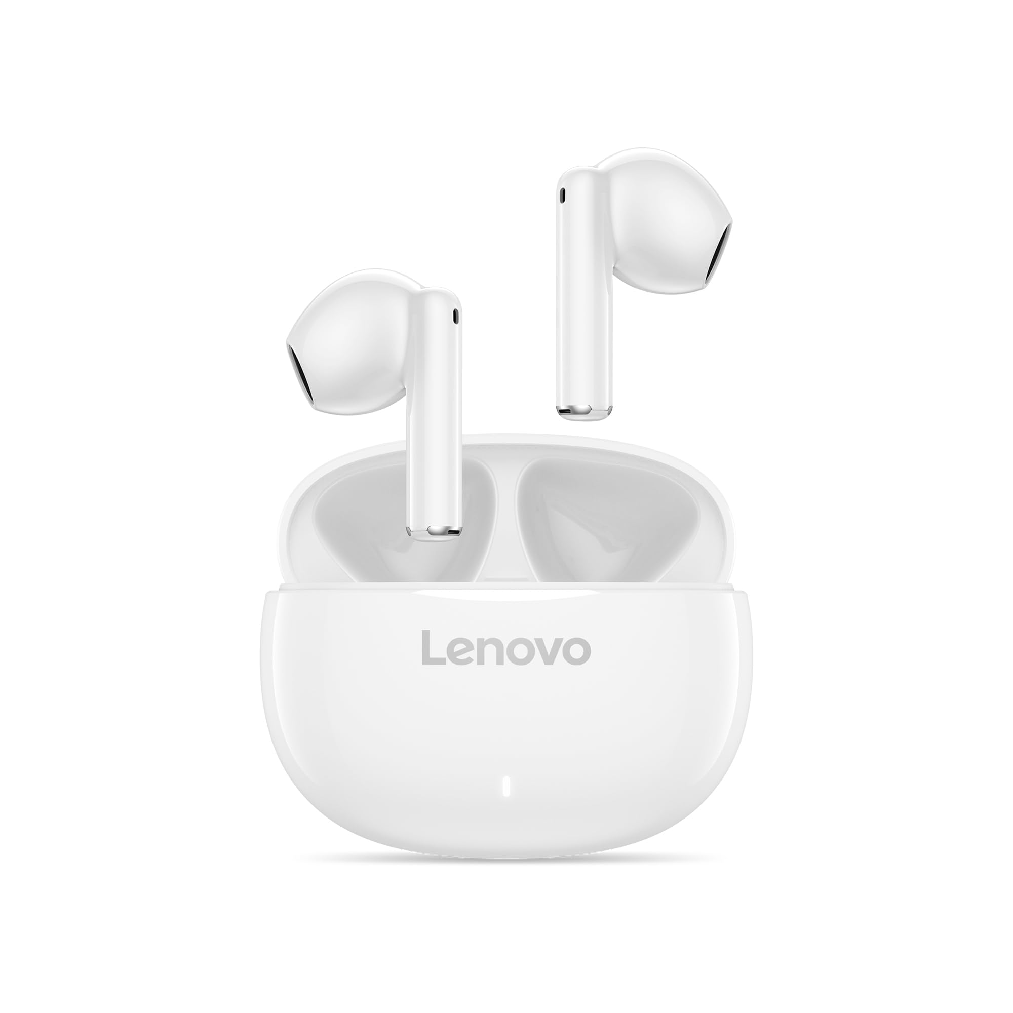 هدفون بی‌سیم استریو واقعی Lenovo E310 با بلوتوث 5.3، فناوری ENC برای کاهش نویز، با اسپیکر 13 میلیمتری، شارژ از نوع Type-C و طول عمر باتری ۲۰ ساعته برای مکالمه و گوش دادن به موزیک، با سبکی راحت و سفید رنگ درون گوش.