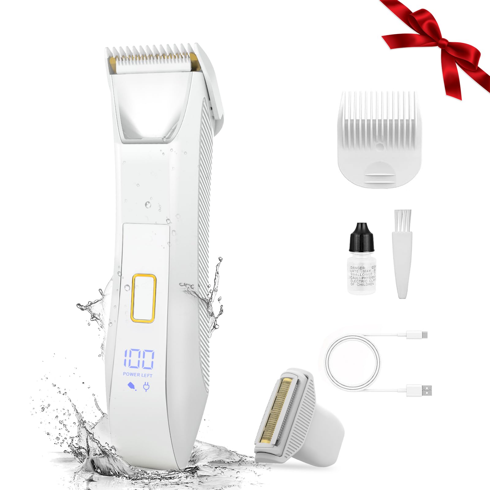 تراش کننده بیکینی برقی 2 در 1 برای خانم‌ها، با دو سر تراش برای بدن و موهای عانه، تراشیدن بی درد، بدون بحران، ضدآب تا عمق 7 متر، سبک با قفل سفر، صفحه نمایش LED سفید